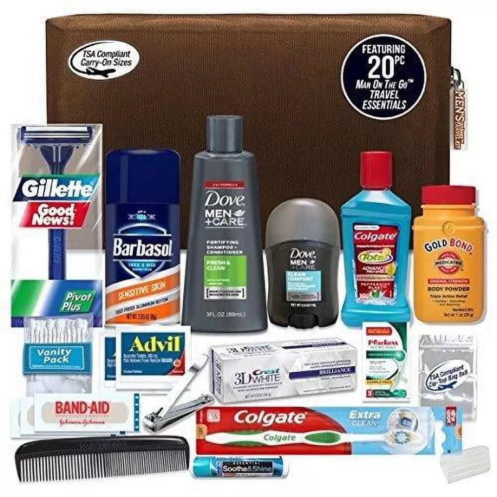 Convenience Kits International Men's Premium 20-Piece Kit with Travel Size TSA Compliant Essentials Featuring: Dove Men & Care Products in Brown Dopp Bag