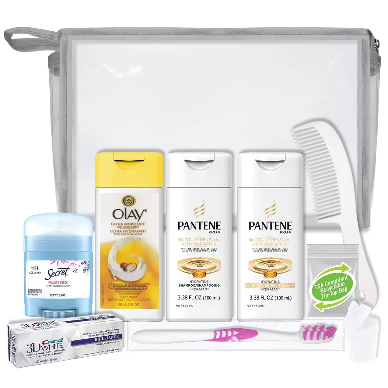 Convenience Kits International Women's 10-Piece Deluxe Kit with Travel Size TSA Compliant Essentials. Featuring: Pantene Hair Products in Reusable Toiletry Bag - Clear color