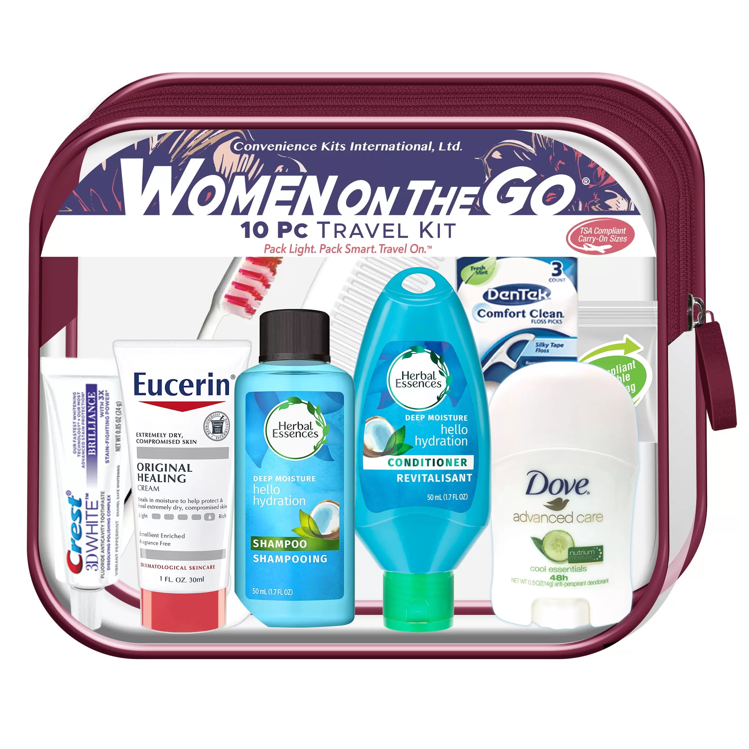 Convenience Kits International. Women's Deluxe 10 PC Travel Kit Featuring: Herbal Essences Shampoo and Conditioner