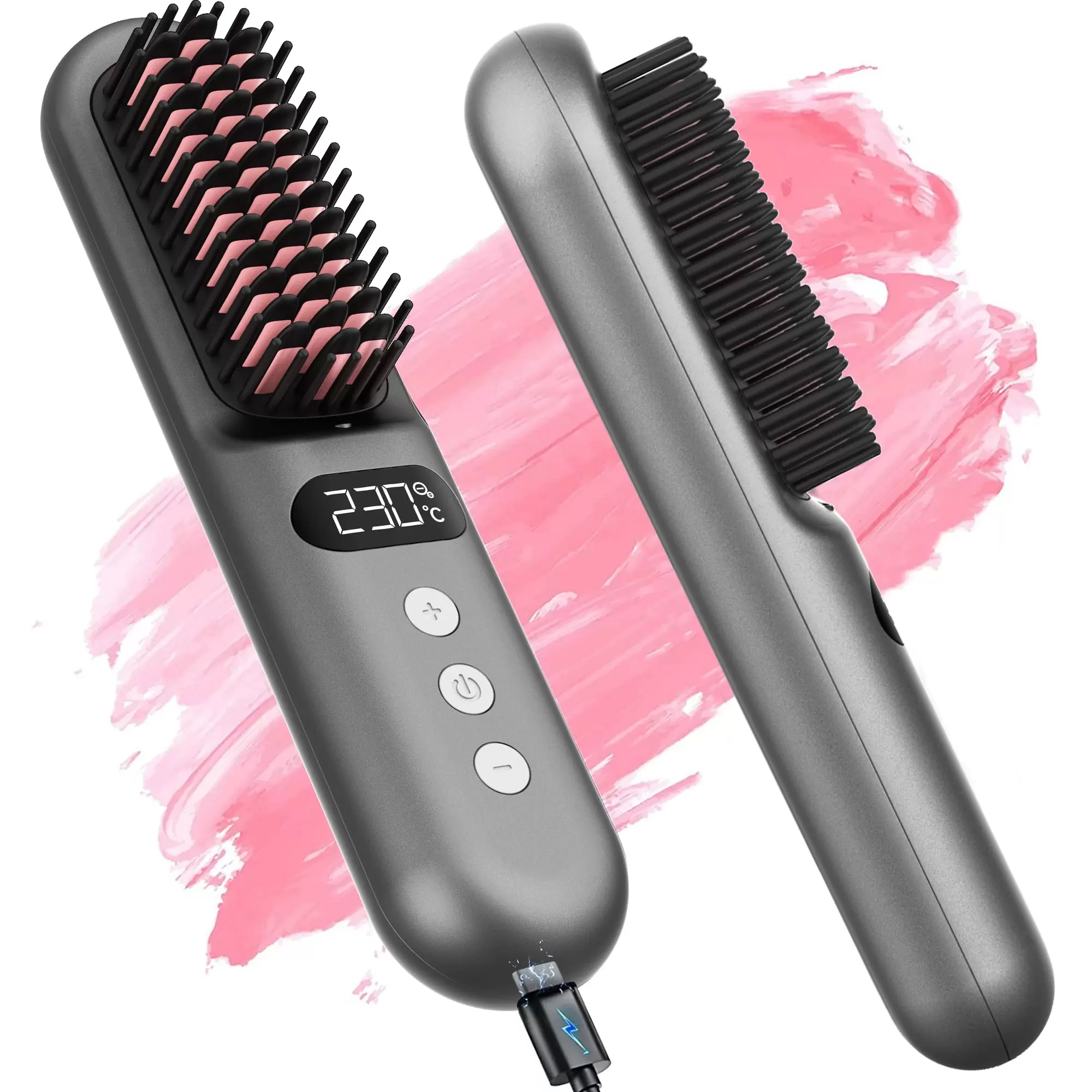 Cordless Hair Straightener Brush.Portable Negative Ion Straightening Brush for Women 9 Temp Settings Fast Heating & Anti-Scald Hot Comb for Travel