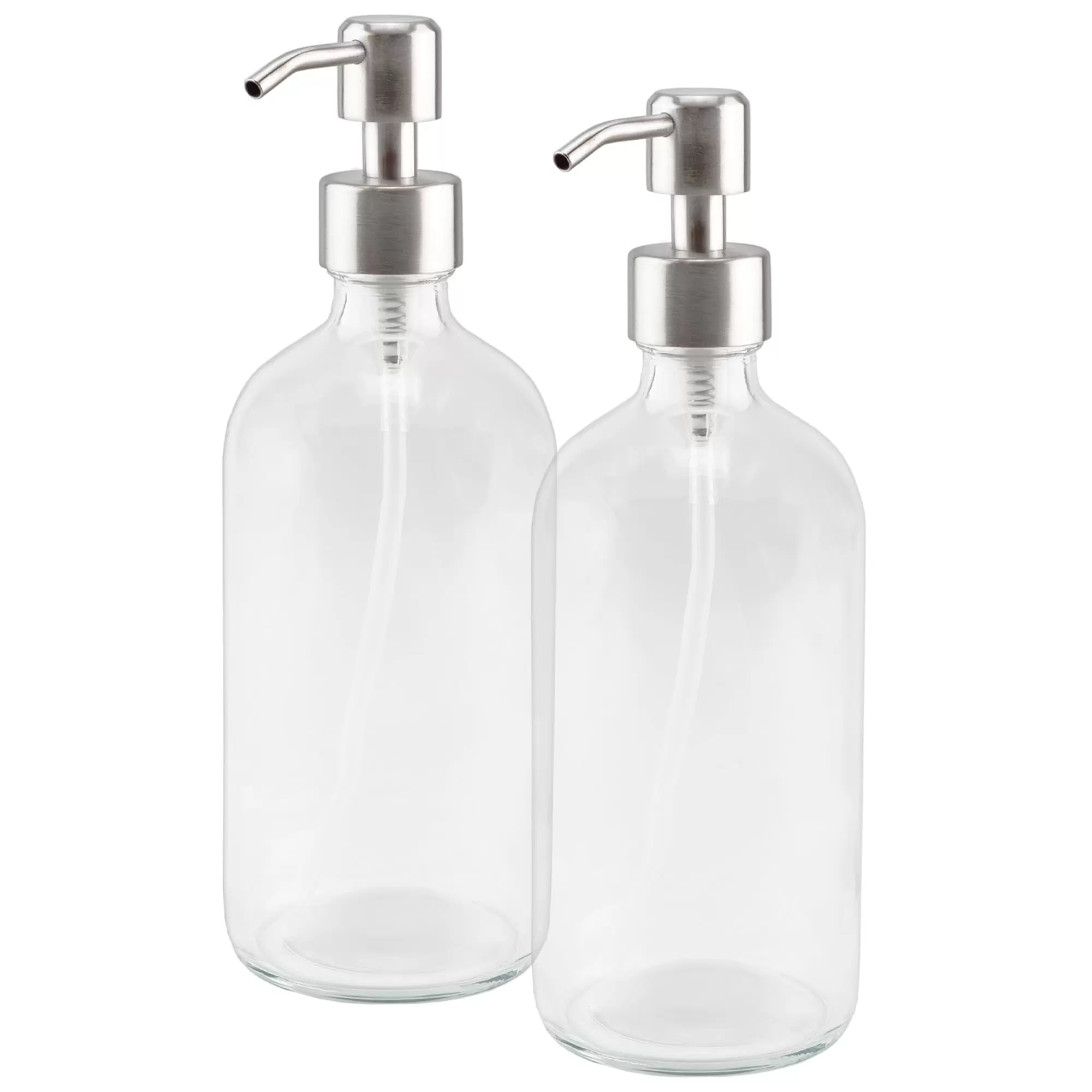 Cornucopia 16-Ounce Clear Glass Boston Round Bottles w/Stainless Steel Pumps (2 Pack). Soap Dispenser Great for Essential Oils. Lotions. Liquid Soaps