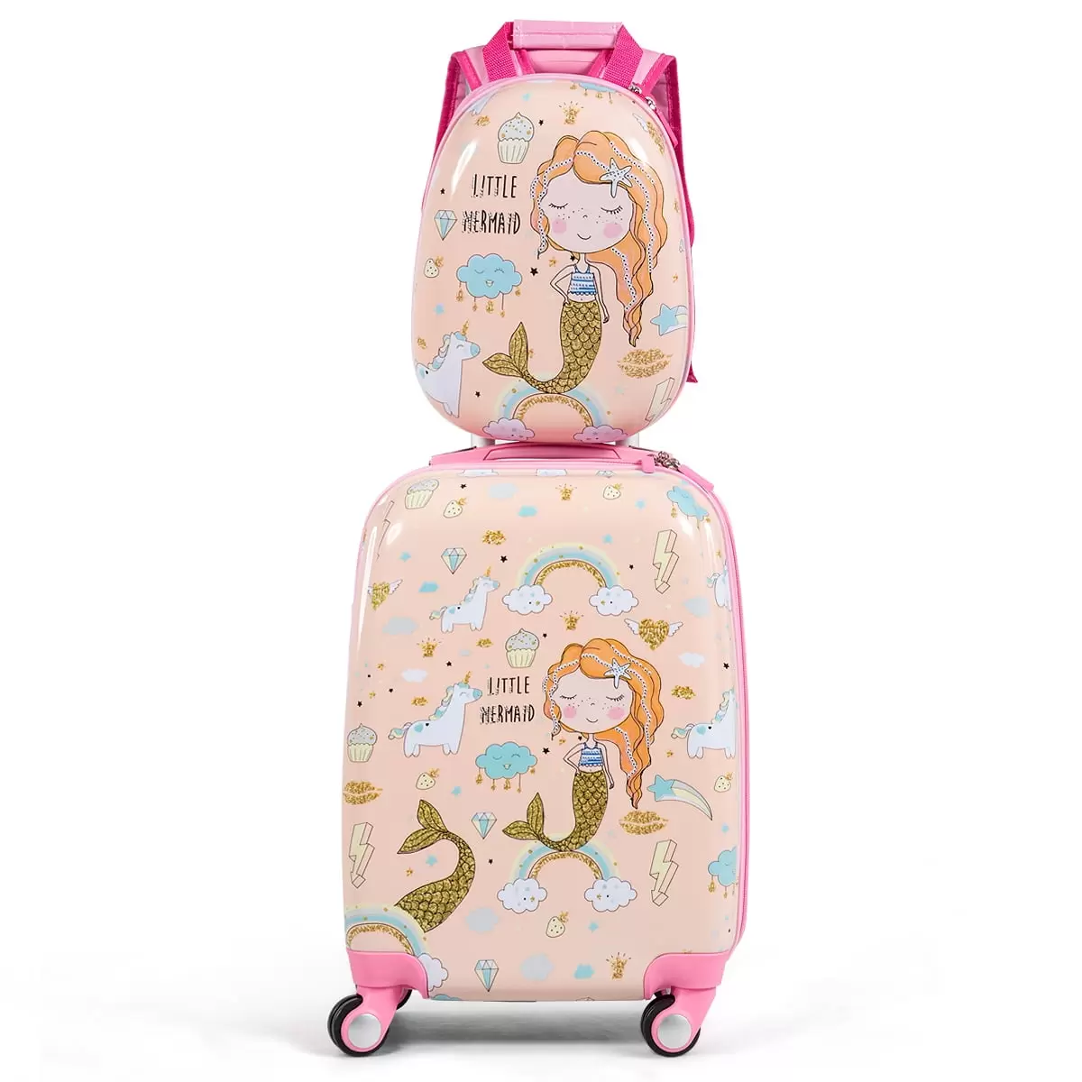 Costway 2PCS Kids Luggage Set 18'' Rolling Suitcase & 12'' Backpack Travel ABS Mermaid Pink