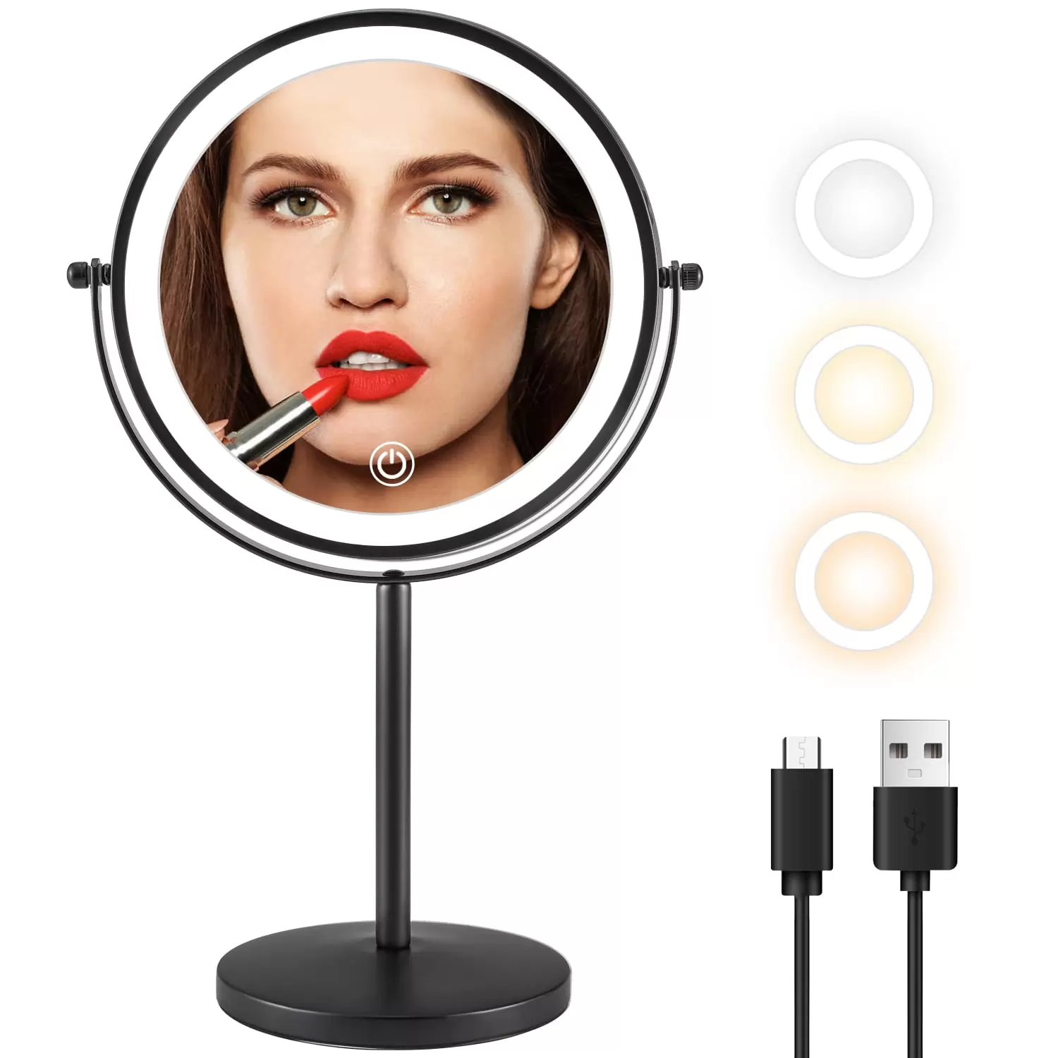 DECLUTTR Lighted Makeup Mirror with Magnification. 8 Rechargeable Vanity Mirror with 3 Colors. Black