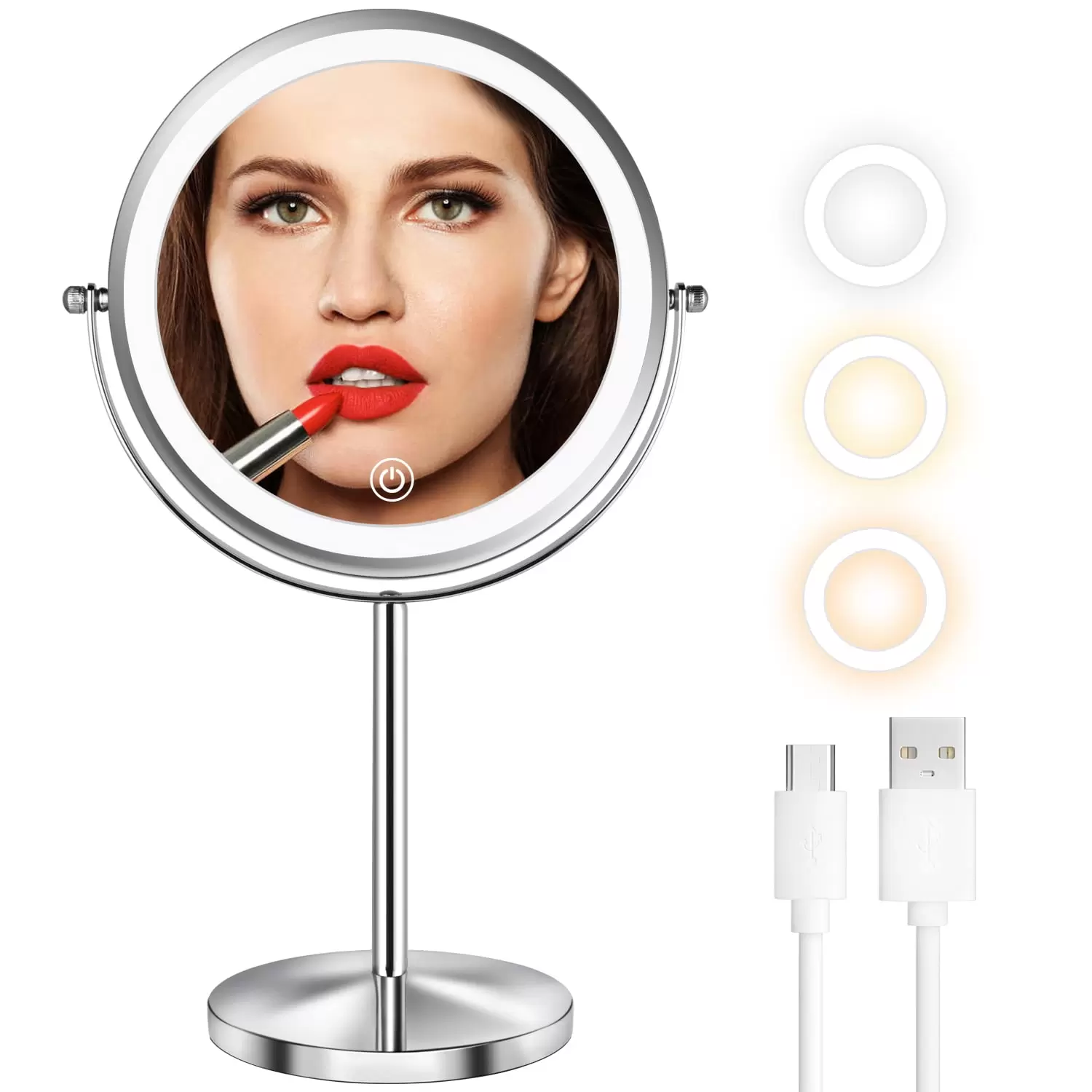 DECLUTTR Lighted Makeup Mirror with Magnification. 8 Rechargeable Vanity Mirror with 3 Colors. Chrome