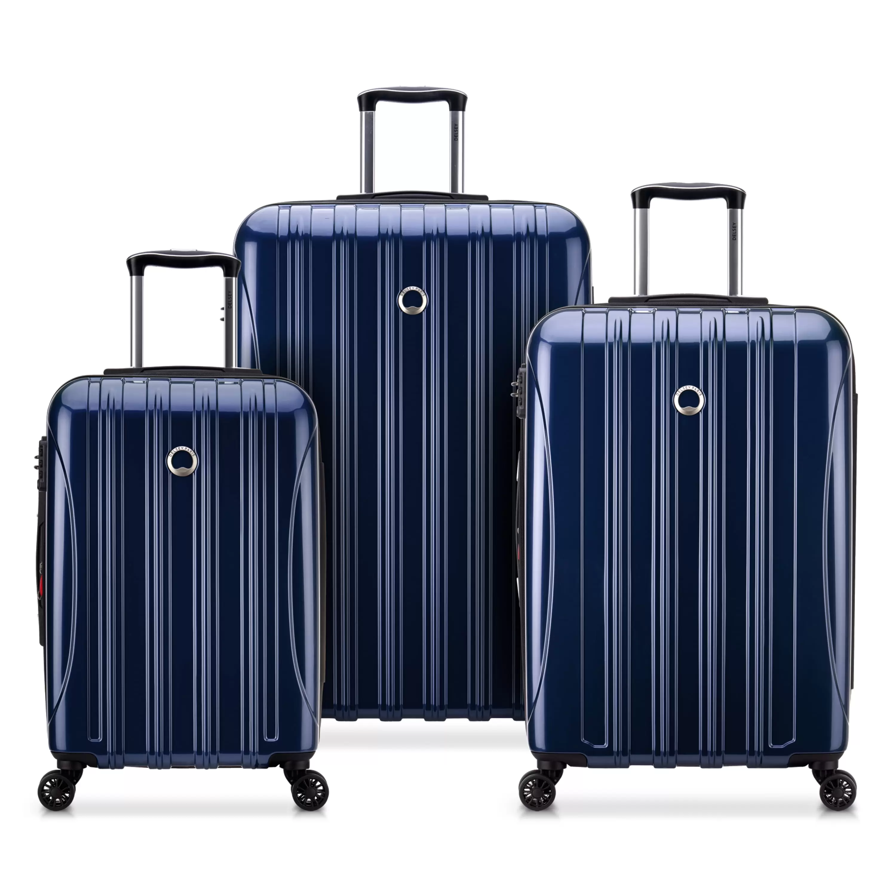 DELSEY PARIS Helium Aero 3-Piece Hardside Expandable Spinner Luggage Set includes 19 International Carry-On. 25 & 29 Checked. Metallic Blue