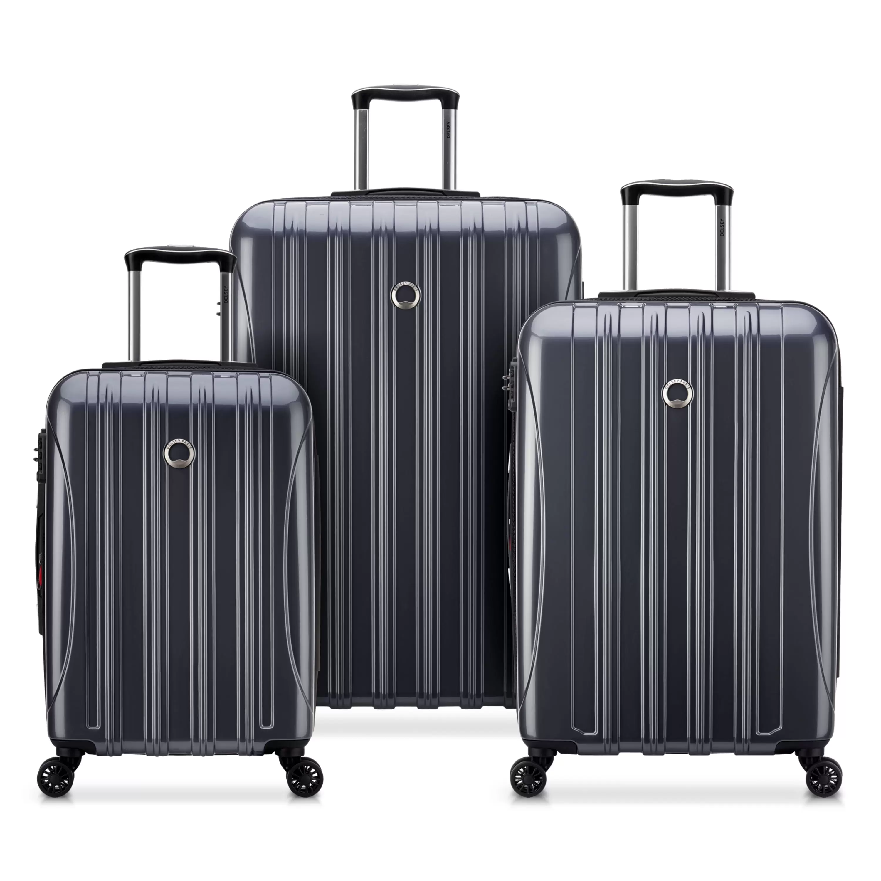 DELSEY PARIS Helium Aero 3-Piece Hardside Expandable Spinner Luggage Set includes 19 International Carry-On. 25 & 29 Checked. Steel Grey