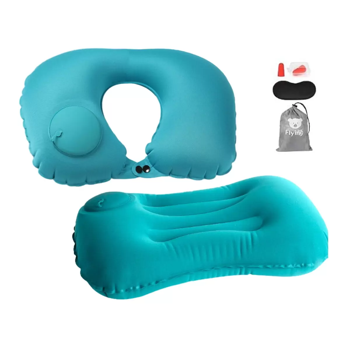 DERCLIVE 4Pcs Travel Pillows Set.Inflatable U Shape Neck Pillow.Waist Support Cushion .Earplugs Eye Mask Kit Green