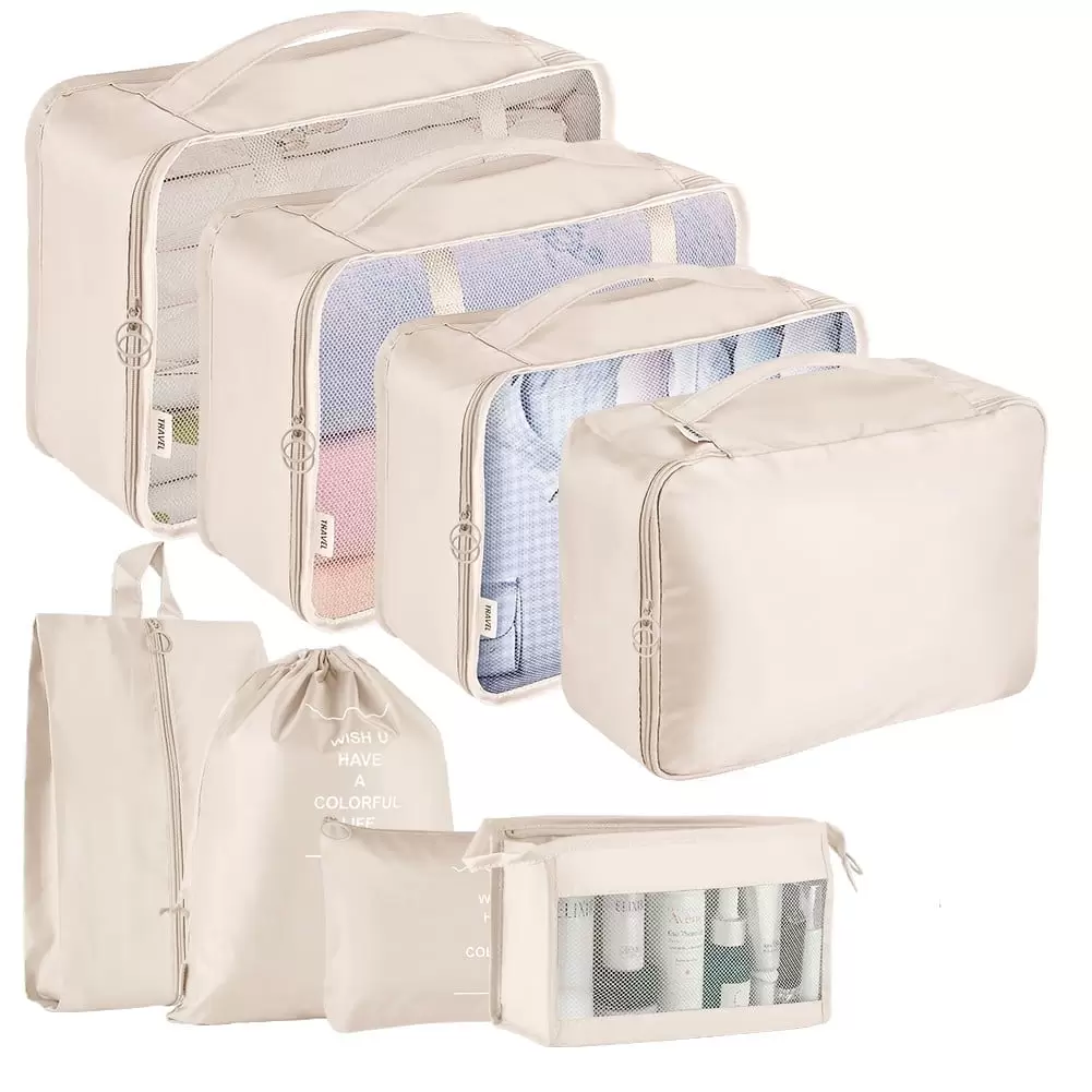 DISEN Packing Cubes for Travel. 8Pcs Travel Cubes Set Foldable Suitcase Organizer Lightweight Luggage Storage Bag. Beige