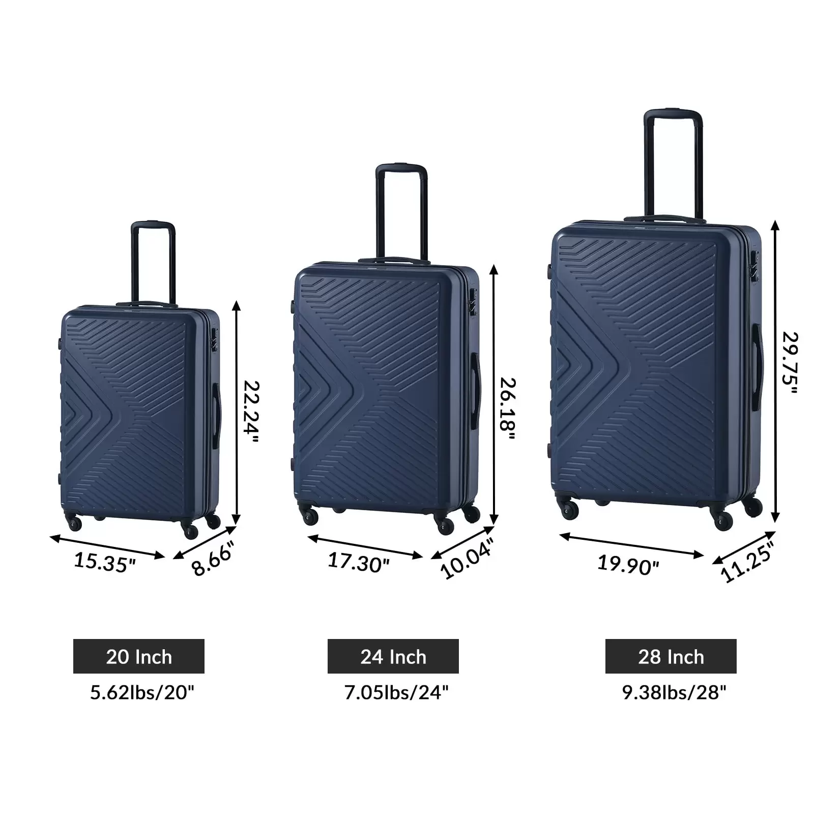 Dcenta 3 Piece Luggage Sets ABS Lightweight Suitcase with Two Hooks. Spinner Wheels. TSA Lock. (20/24/28) Navy