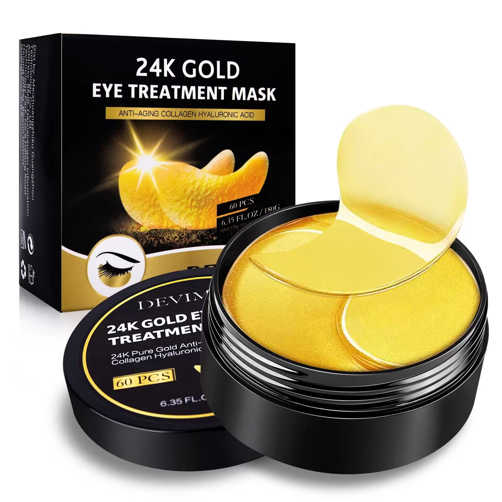 Devimic 24K Gold Eye Mask. 30 Pairs Under Eye Masks for Dark Circles and Puffiness Treatment. Under Eye Patches for Puffy Eyes and Eye Bags. Gel Eye Mask Eye Pads for Face Skin Care