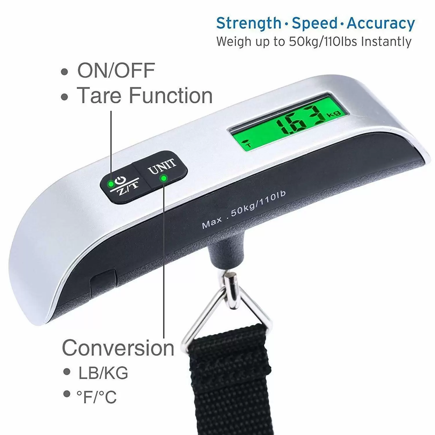 Digital Luggage Scale. 110 LB Stainless Steel Hanging Handheld Travel Scale with Tare Function