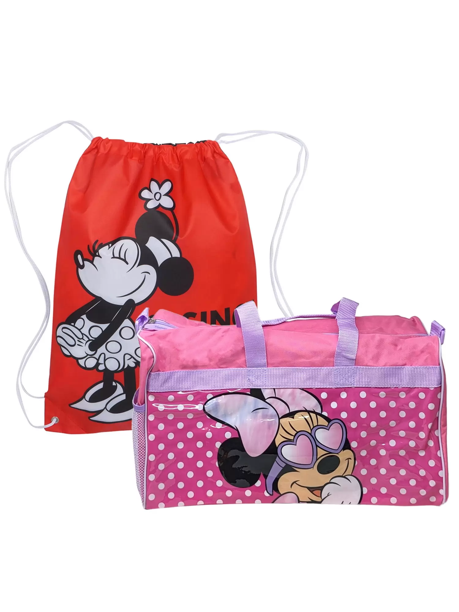 Disney Minnie Mouse Duffel Bag Carry-On w/ 18 Drawstring Cinch Sling Bag Set