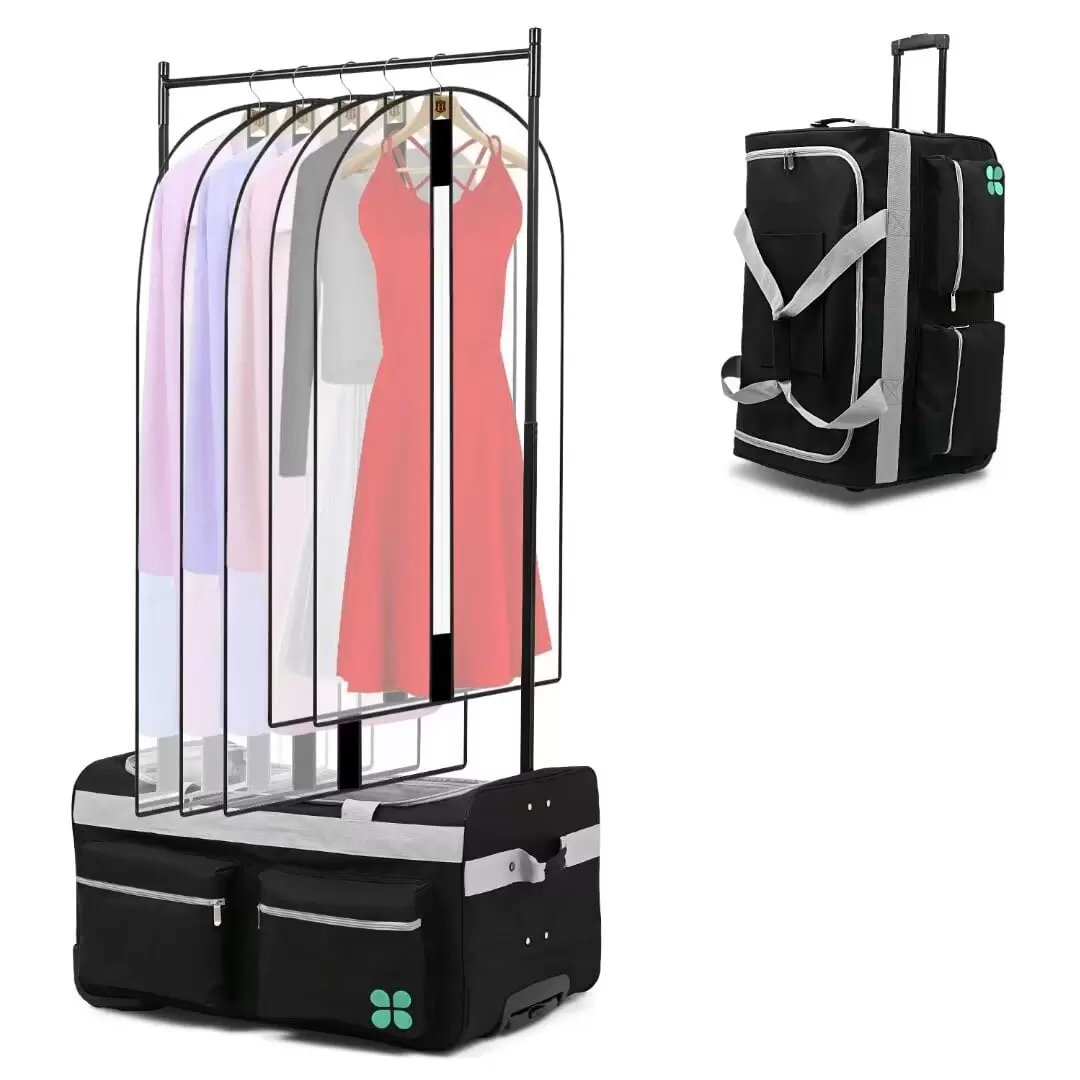 Docred Dance Bag with Garment Rack.28 Inch Collapsible Costume Rolling Duffel Bag with Wheels. Closet Garment Rack.Dance Suitcase