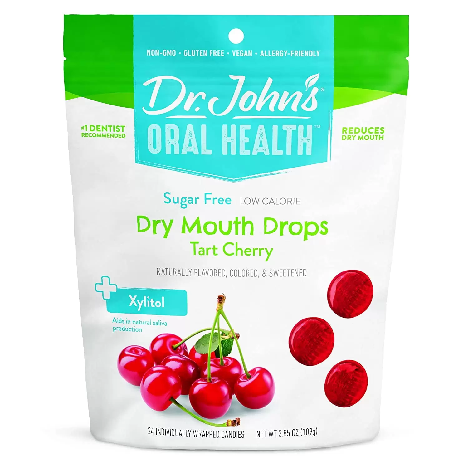 Dr. John's Healthy Sweets Sugar-Free Tart Cherry Oral Health Lozenges with Xylitol Dry Mouth Drops. 3.85 oz. Bag