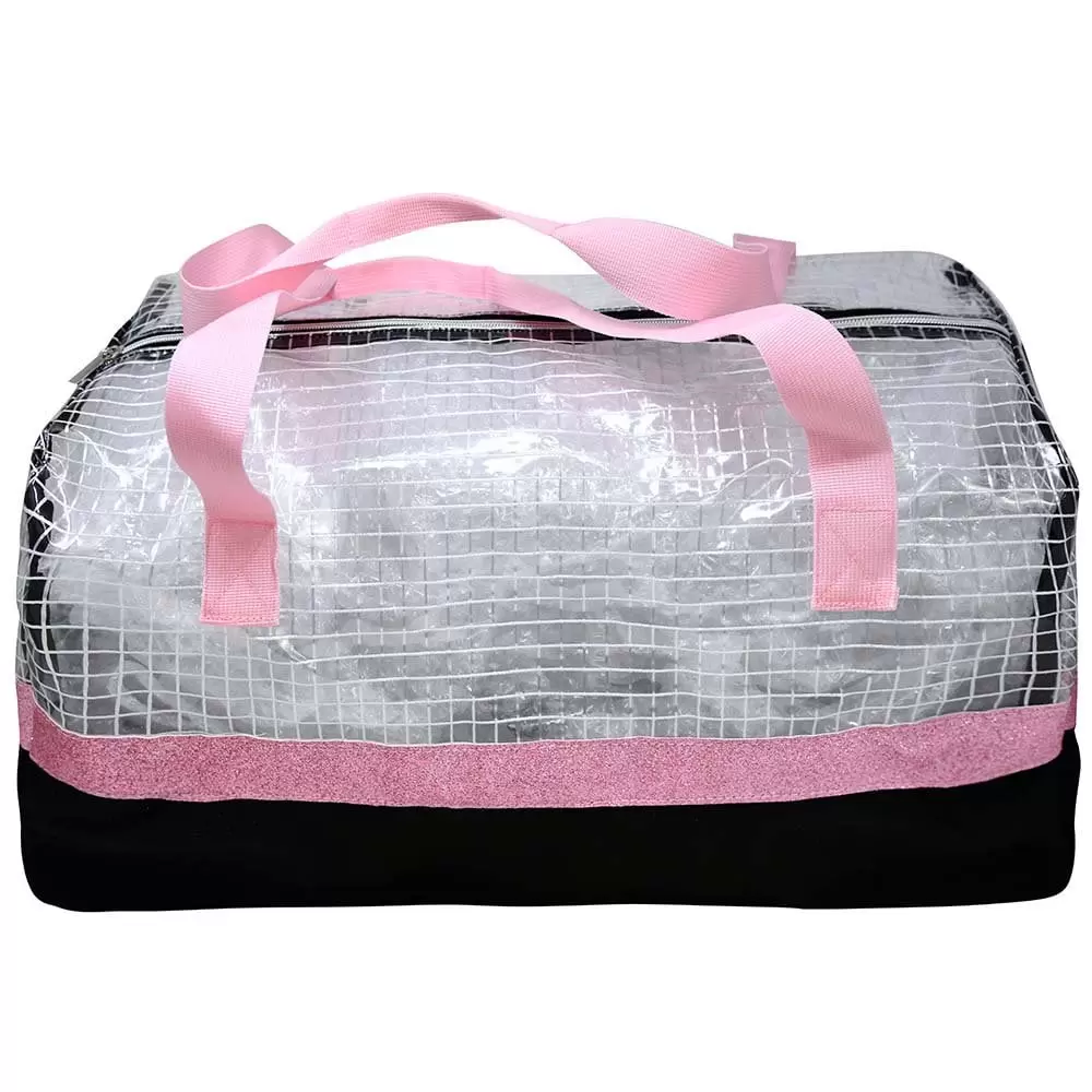 Duffle Bag 300D Poly w/hangtag- Top Pink. Bottom Blk. strip & handles pink glitter-Asst Pink & Blue