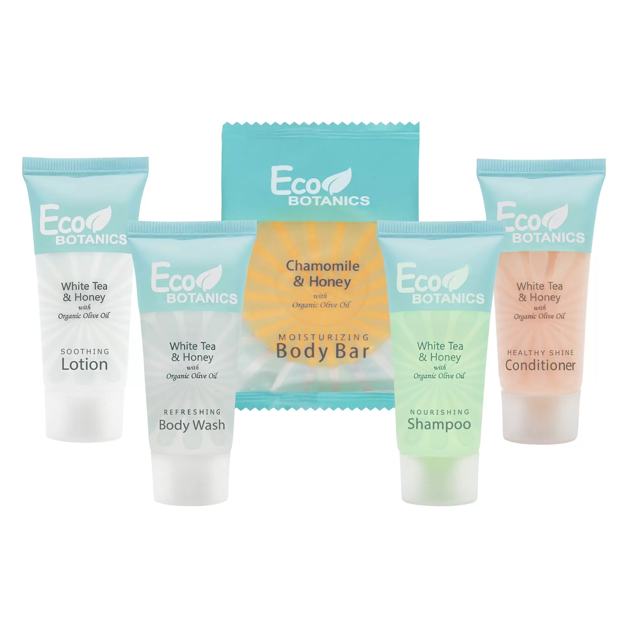 Eco Botanics Hotel Soaps and Toiletries Bulk Set | 1-Shoppe All-In-Kit Amenities for Hotels | 0.85oz Hotel Shampoo & Conditioner. Body Wash. Body Lotion & 0.89oz Bar Soap Travel Size | 150 Pieces