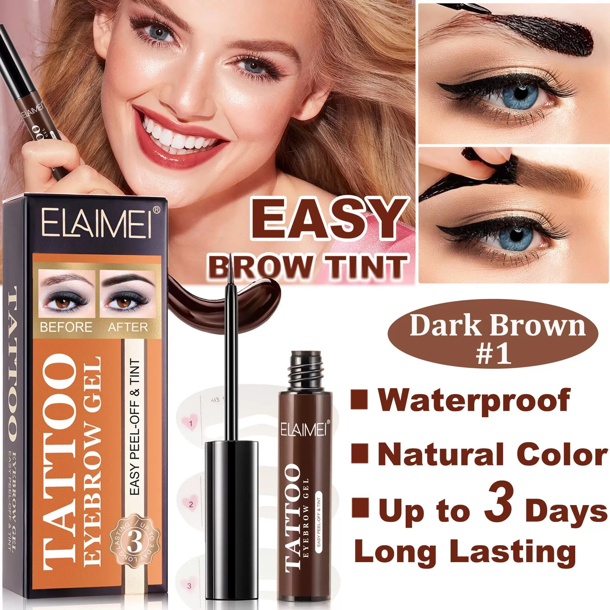 Elaimei Tattoo Eyebrow Gel Dark Brown.Semi Permanent Eyebrow Make Up.Waterproof.Smudge-Proof and Easy Peel-Off Tint Gel.Last Up to 3 Days