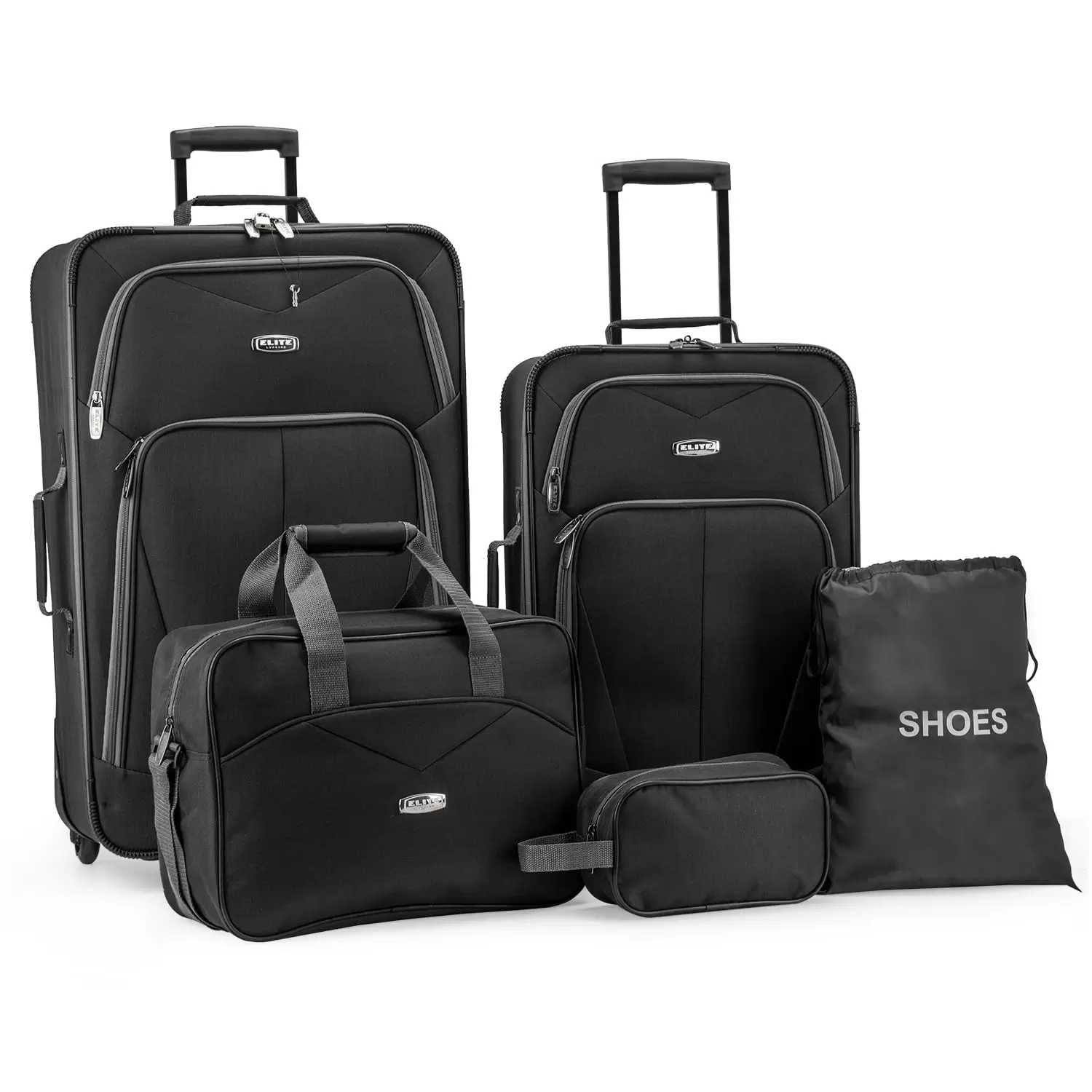 Elite Luggage Whitfield 5-Piece Softside Lightweight Rolling Luggage Set. Black