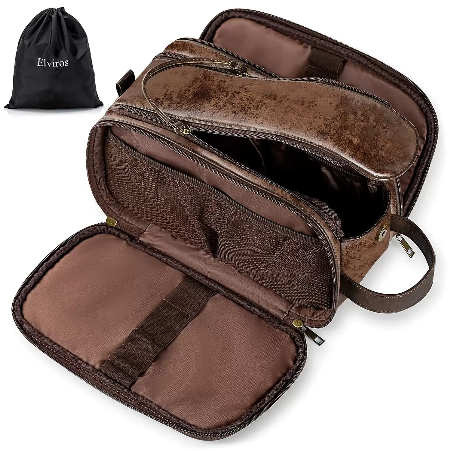 Elviros Men's Toiletry Bag.Water-Resistant Travel Dopp Kit. PU Leather Organizer (Coffee.Large)