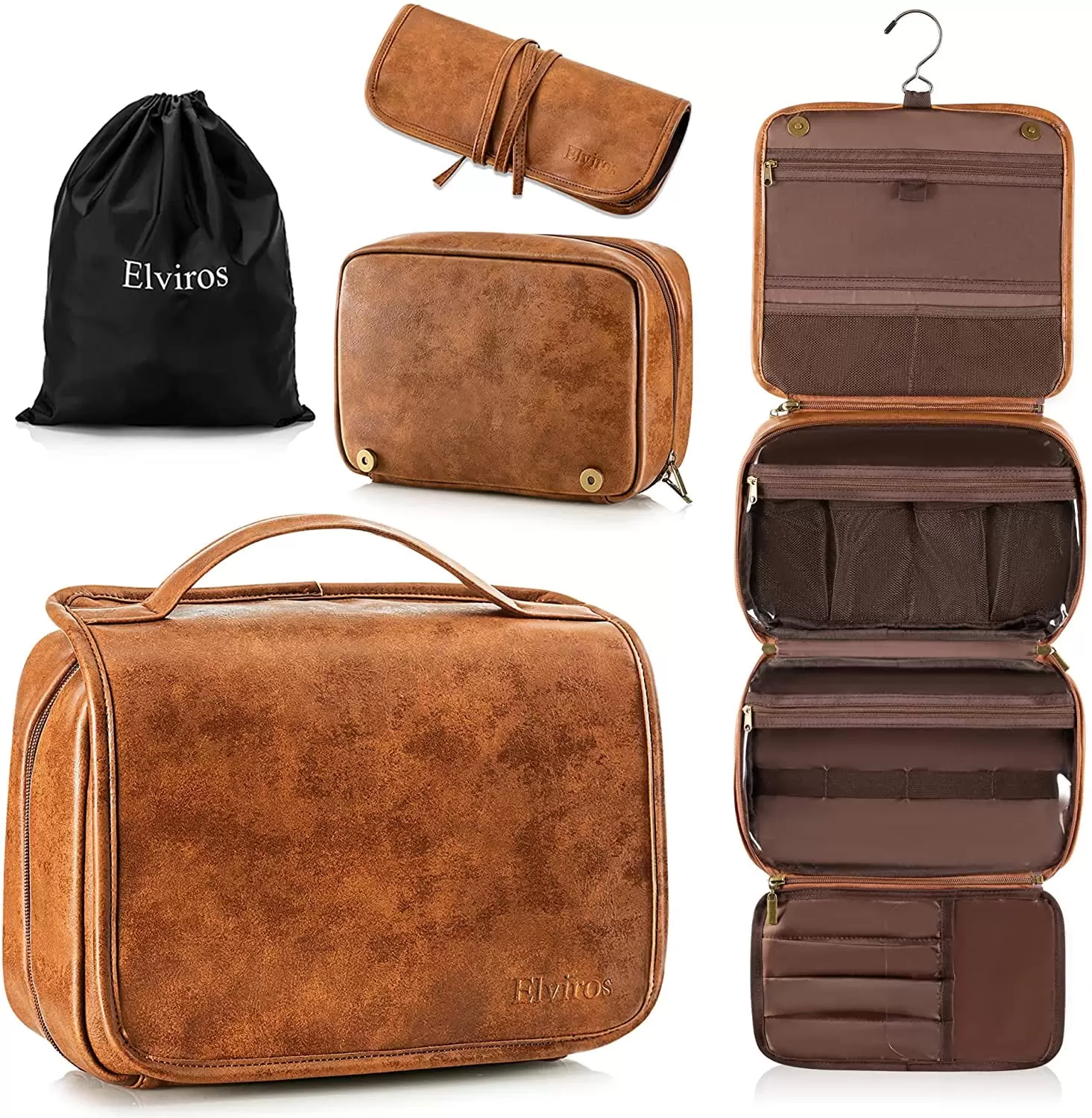 Elviros Toiletry Bag Hanging Travel Organizer for Men and Women. 3 in 1 Multifunctional Large Makeup Cosmetic Case Toiletries Accessories. Water-resistant PU Leather Bathroom Dopp Kit Shaving (Brown)