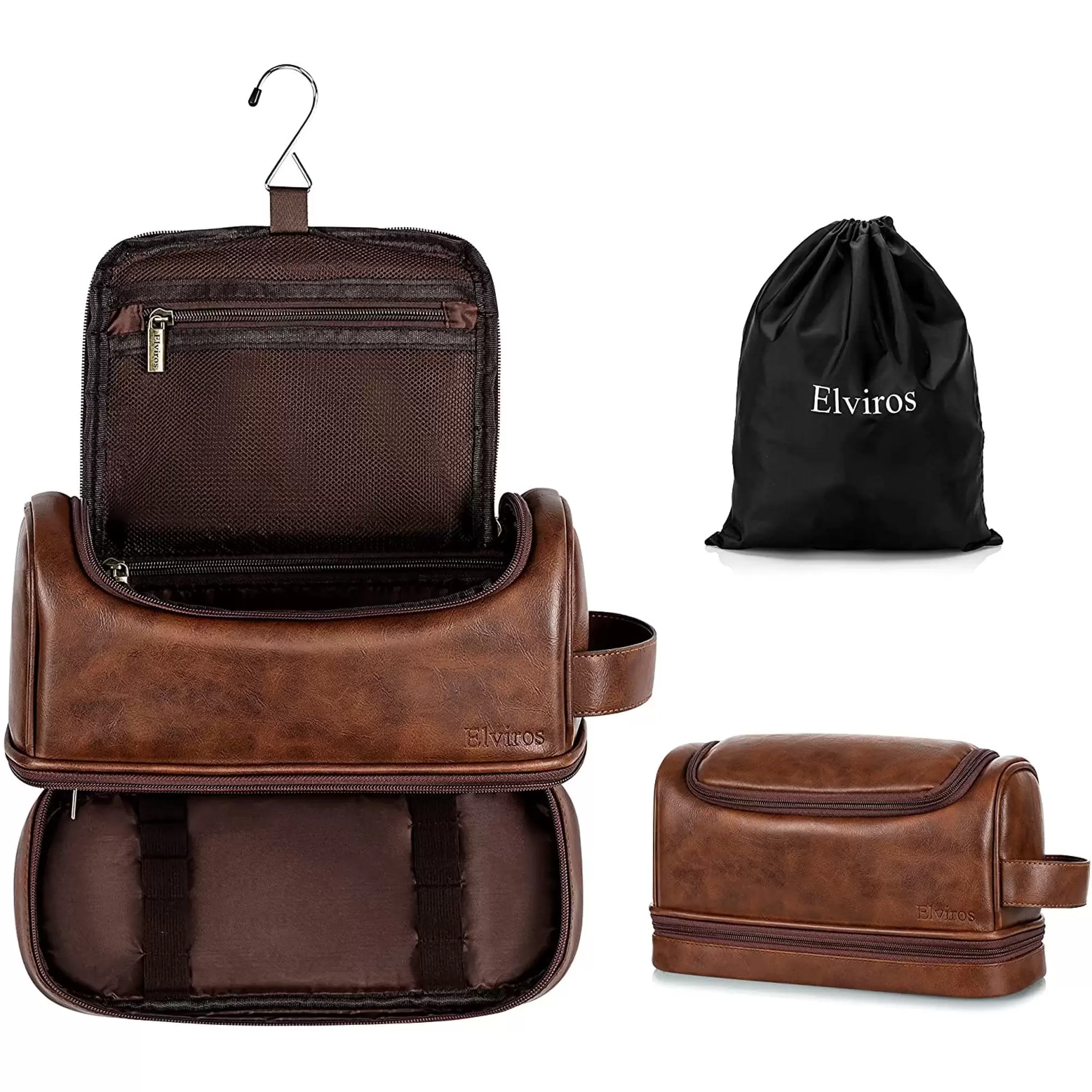 Elviros Toiletry Bag. Mens Leather Travel Organizer Kit with hanging hook. Large Water-resistant Toiletries Bathroom Shaving Bags for Women (Dark Brown)