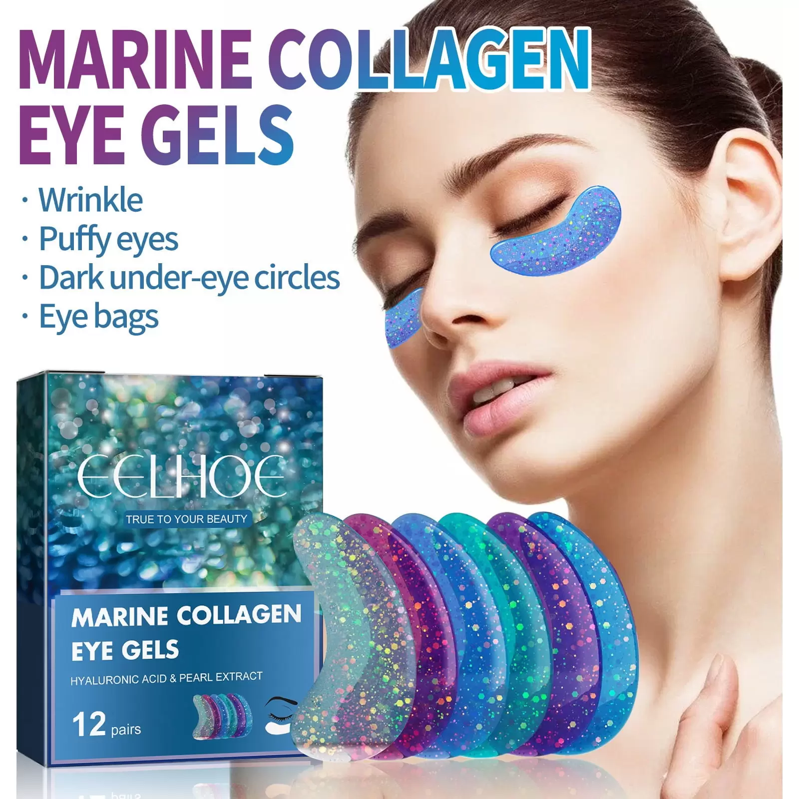 Eye Gel Pad - Under eye Wrinkle patch with natural Marine collagen and hyaluronic acid for puffy eyes and dark circles - anti-aging eye mask for facial relief of puffiness. bags and wrinkles