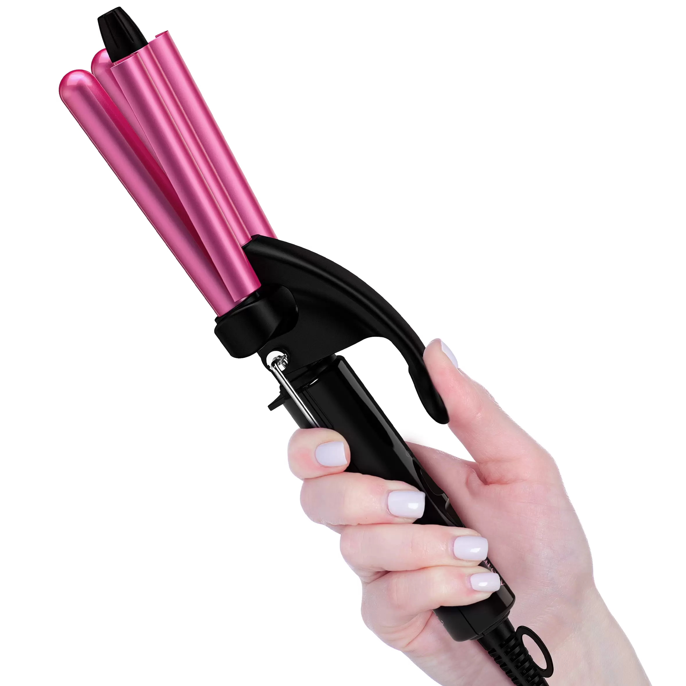 FARERY Mini Hair Crimper for Beach Waves. 3 Barrel Curling Iron for Hair Waver. Pink