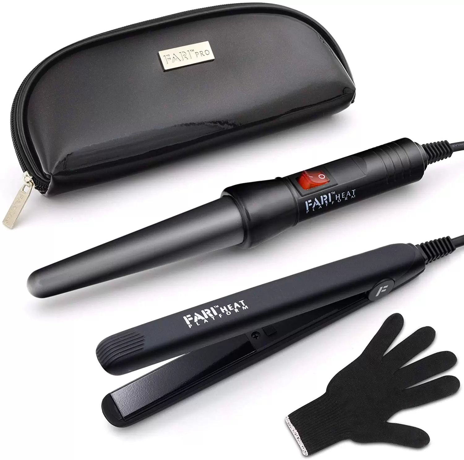 FARI Travel Hair Curling Iron and Mini Flat Iron 2 in 1 Kit. Ceramic Tourmaline Curling Wands and Hair straighteners Set. Heat Resistant Glove and Travel Pouch Included