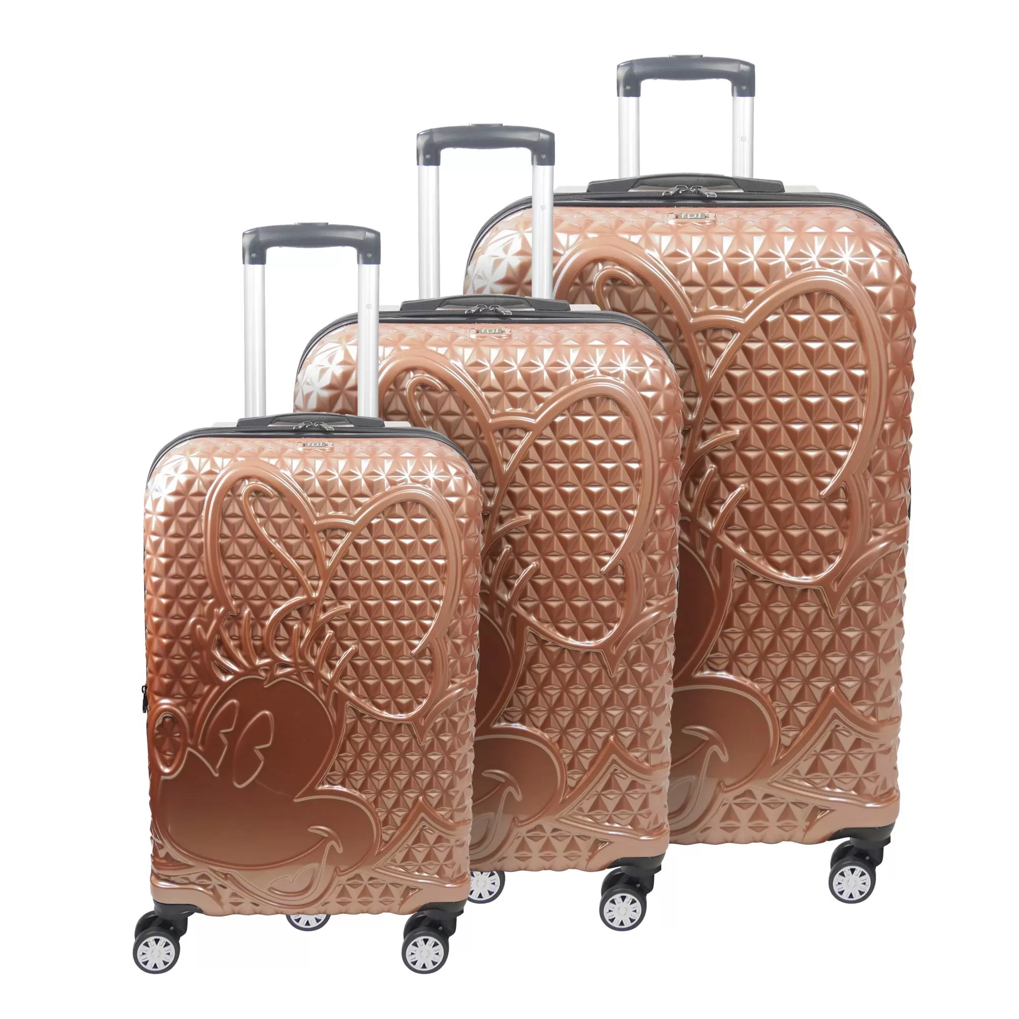 FUL Disney Minnie Mouse 3 Piece Rolling Luggage Set. Textured Hardshell Suitcase with Wheels Set. 21. 25 and 29 Inch. Rose Gold