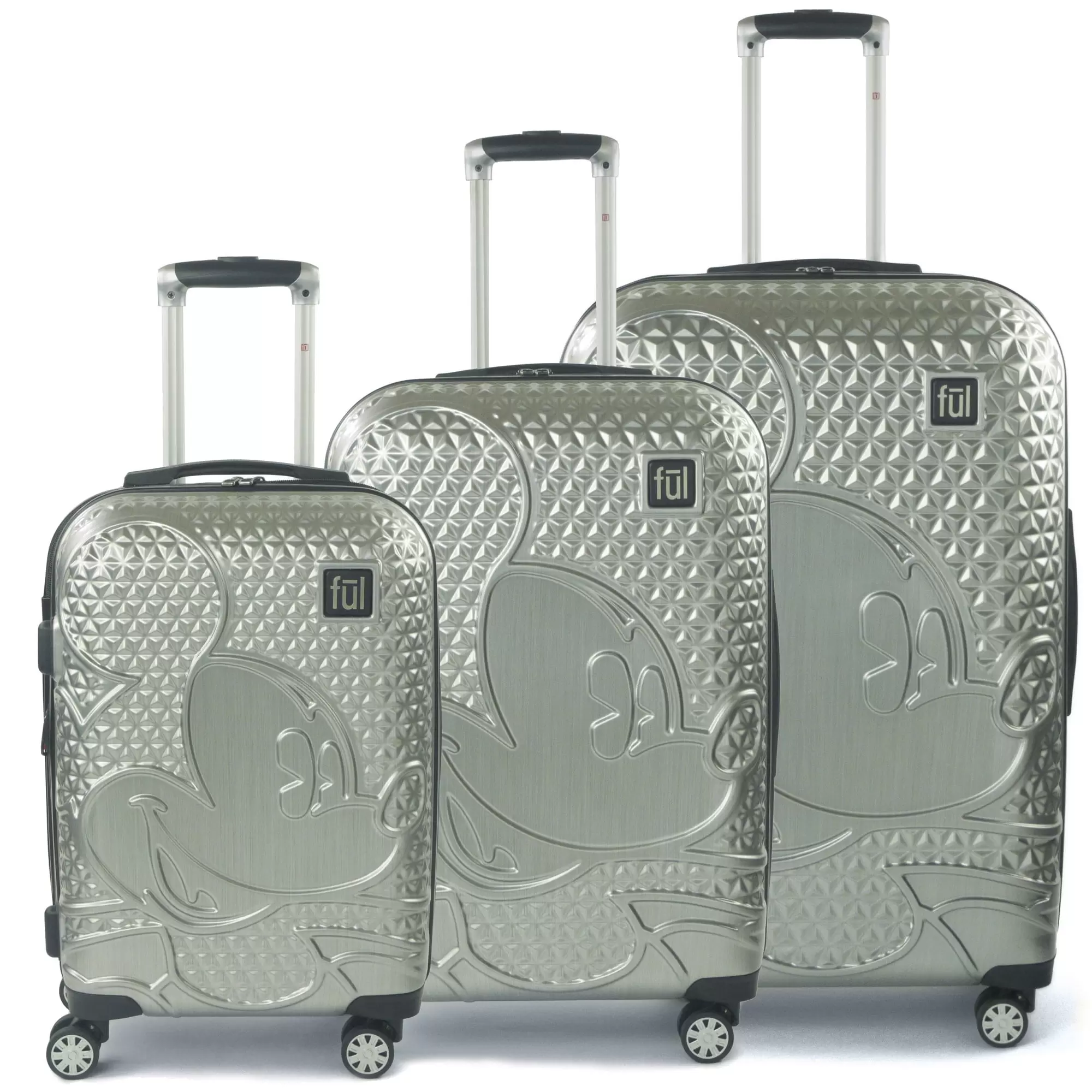 FUL Disney Textured Mickey Mouse Hard Sided 3 Piece Luggage Set. Silver. 29. 25. and 21 Suitcases