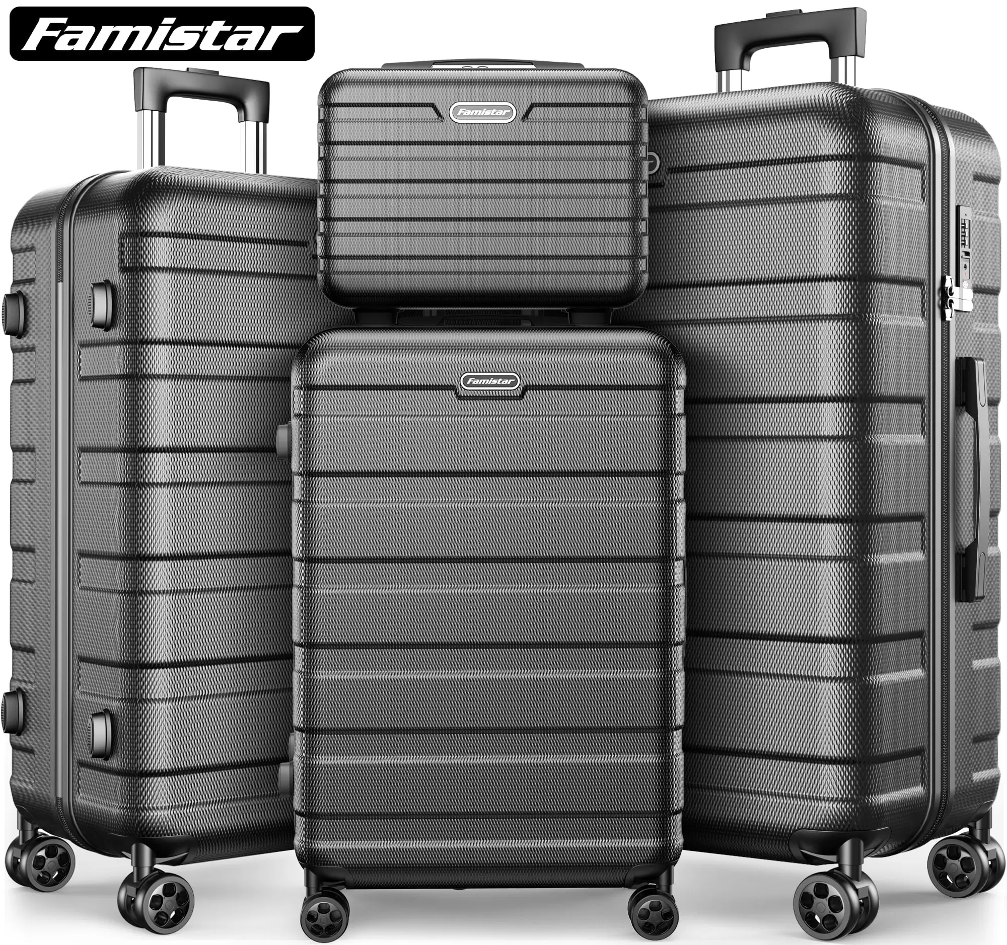 Famistar 4 Piece Hardside Luggage Suitcase Set with 360?? Double Spinner Wheels Integrated TSA Lock. 14 Travel Case. 20 Carry-On Luggage. 24 Checked Luggage and 28 Checked Luggage. Black