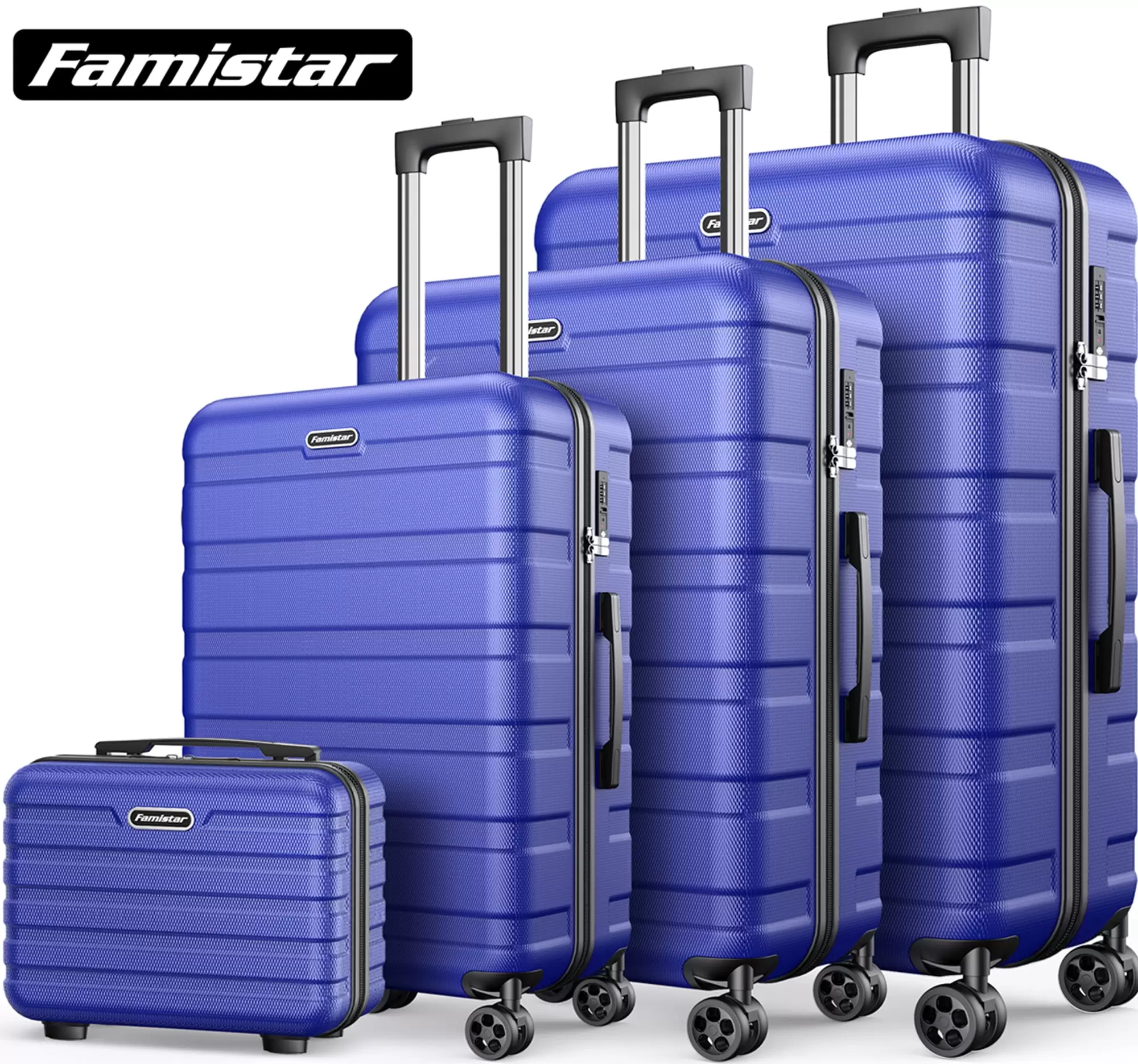 Famistar Carry-on Luggage Suitcase Set 4 Piece - ABS Hardshell Luggage with Embedded TSA Lock. 360 ?? Double Spinner Wheels - 14 Travel Case. 20 Carry On Luggage. 24 and 28 Checked Luggages. Blue