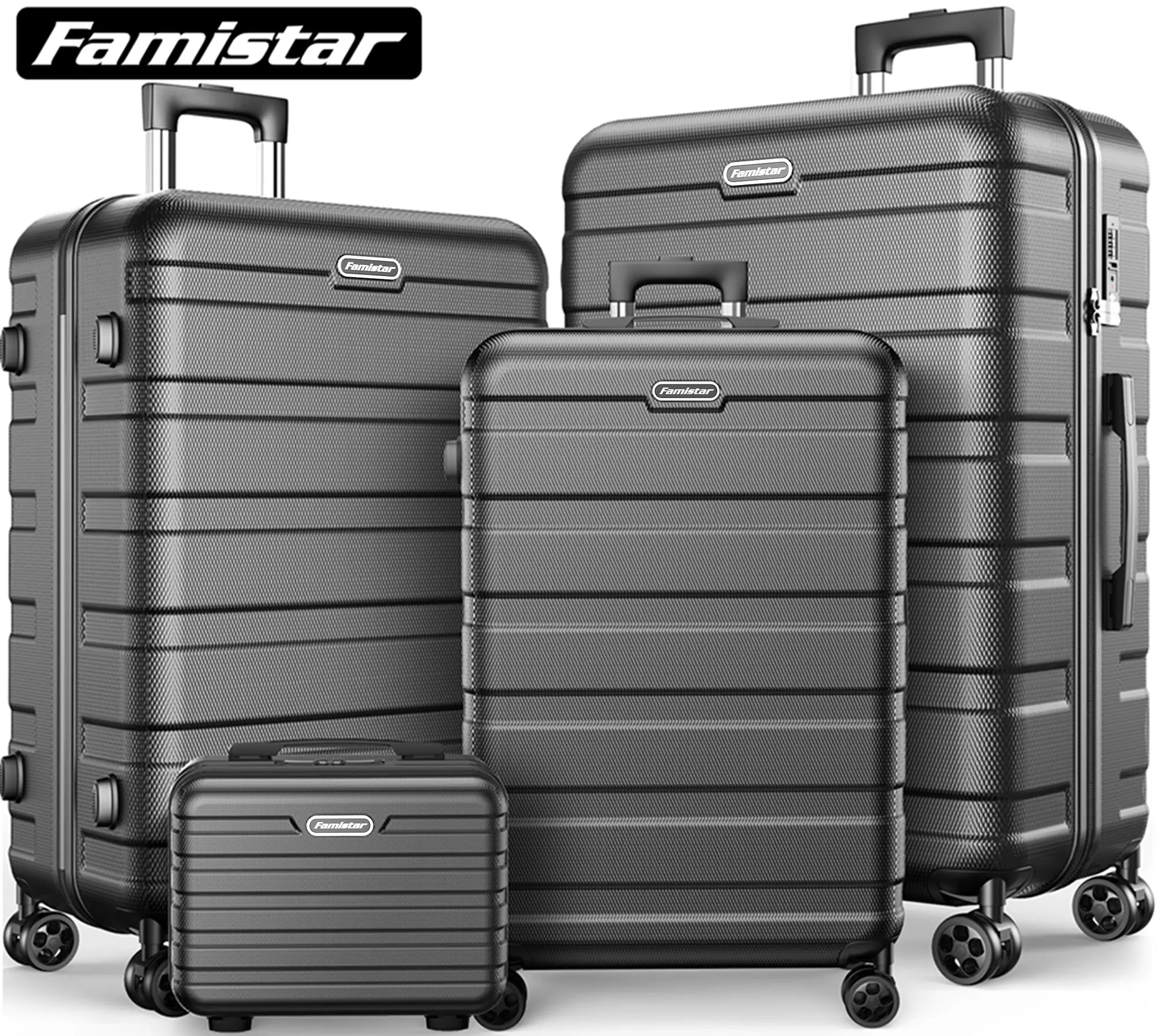 Famistar Hardside Luggage Suitcase 4 Piece Set with 360?? Double Spinner Wheels Integrated TSA Lock. 14 Travel Case. 20 Carry-On Luggage. 24 Checked Luggage and 28 Checked Luggage. Black