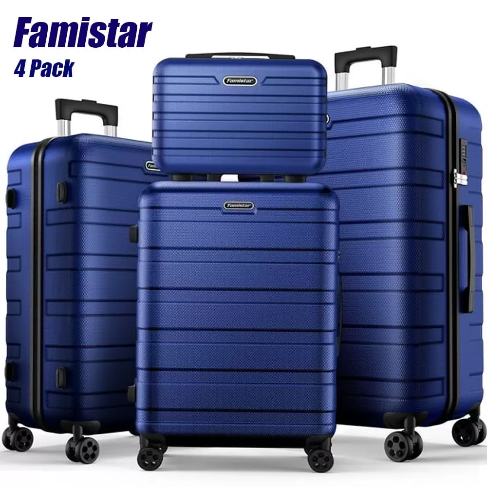 Famistar Luggage Sets 4 Piece (14/20/24/28) Lightweight Hardside Spinner Checked Luggage Navy Blue