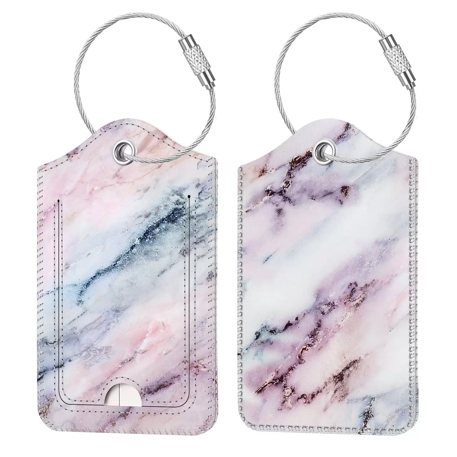 Fintie 2 Pcs Luggage Tags. Privacy Cover ID Label with Stainless Steel Loop and Address Card for Travel Bag Suitcase (Marble Pink)