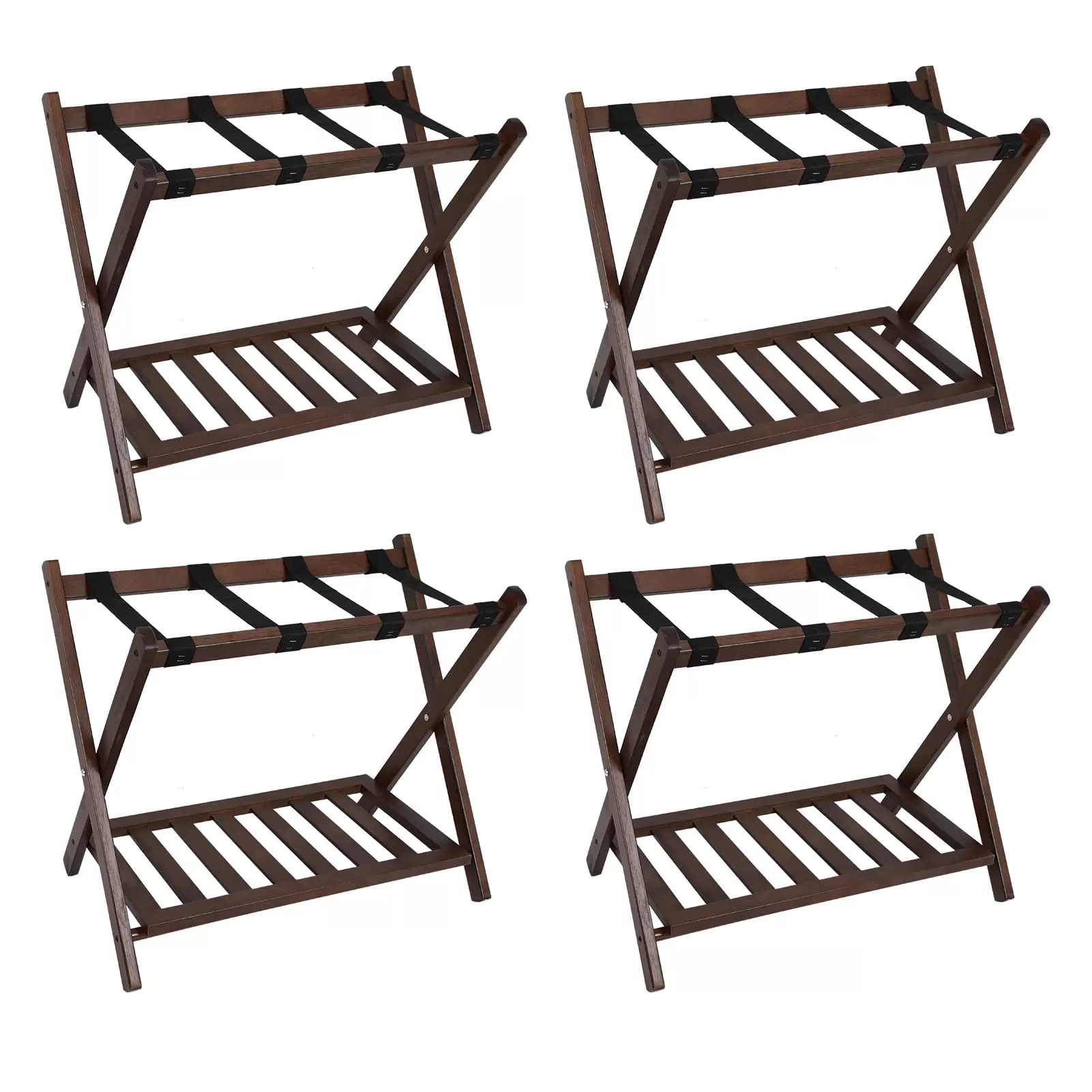 Fionafurn 4 Pack Luggage Rack . Wooden Folding Luggage Rack with Nylon Straps. Suitcase Holder.Brown