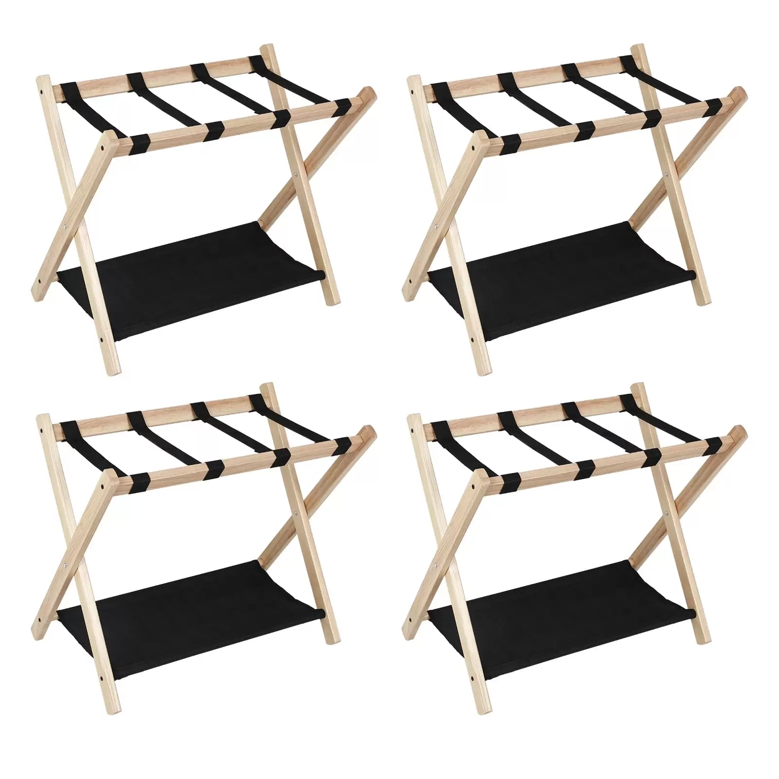 Fionafurn Pack of 4 Premium Solid Wood Luggage Rackwith Nylon Straps Suitcase Holders Storage ShelfNatural