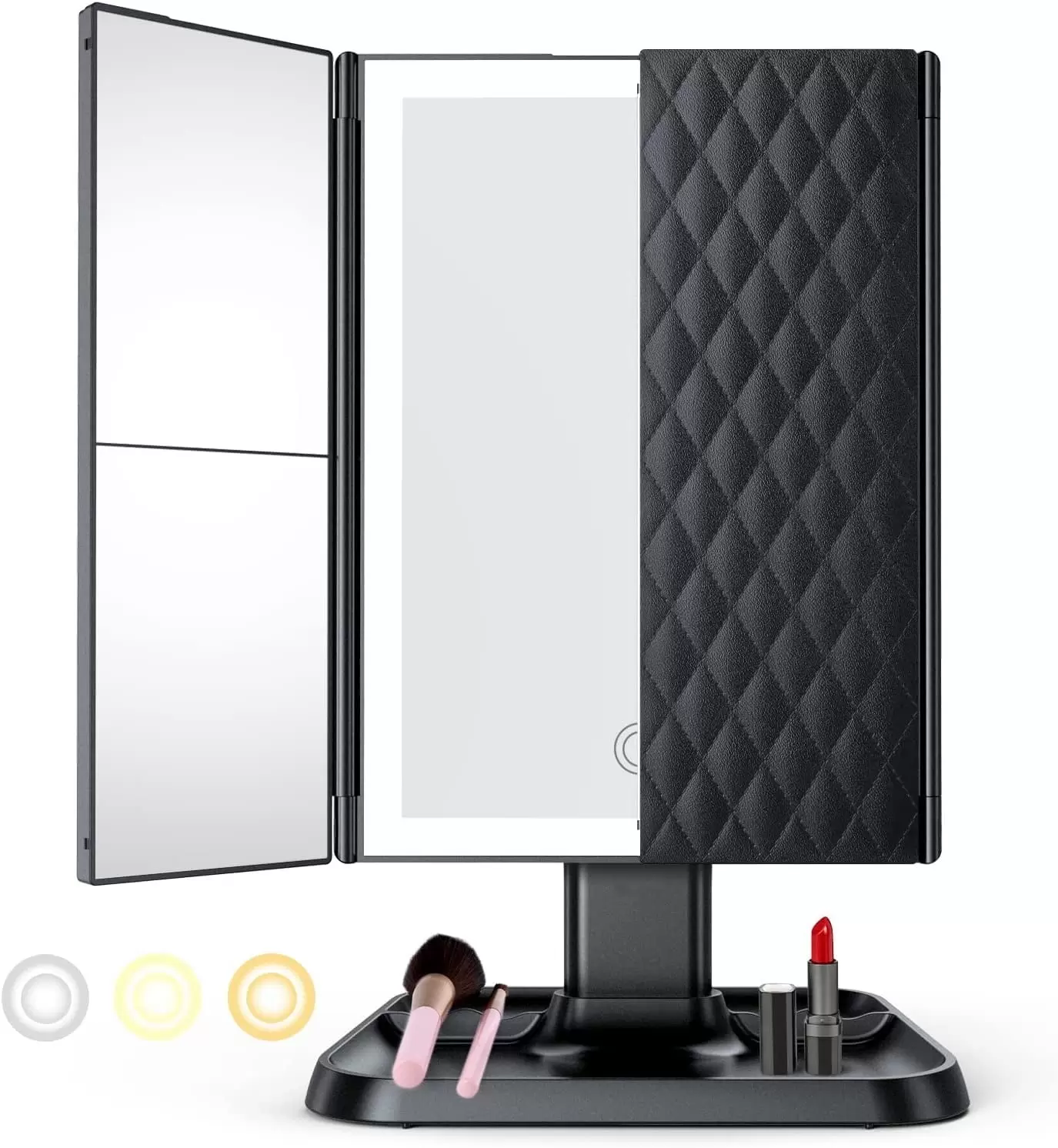 Fitfort Makeup Vanity Mirror with Lights and Magnification. Foldable Trifold Mirror. Portable Lighted up Mirror with 72 LED. Black