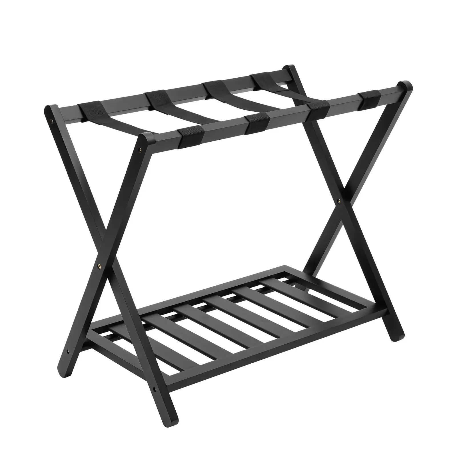 Foldable Luggage Rack with Shoe Storage Shelf. Bamboo Wood Suitcase Luggage Stand for Guest Room Hotel Black