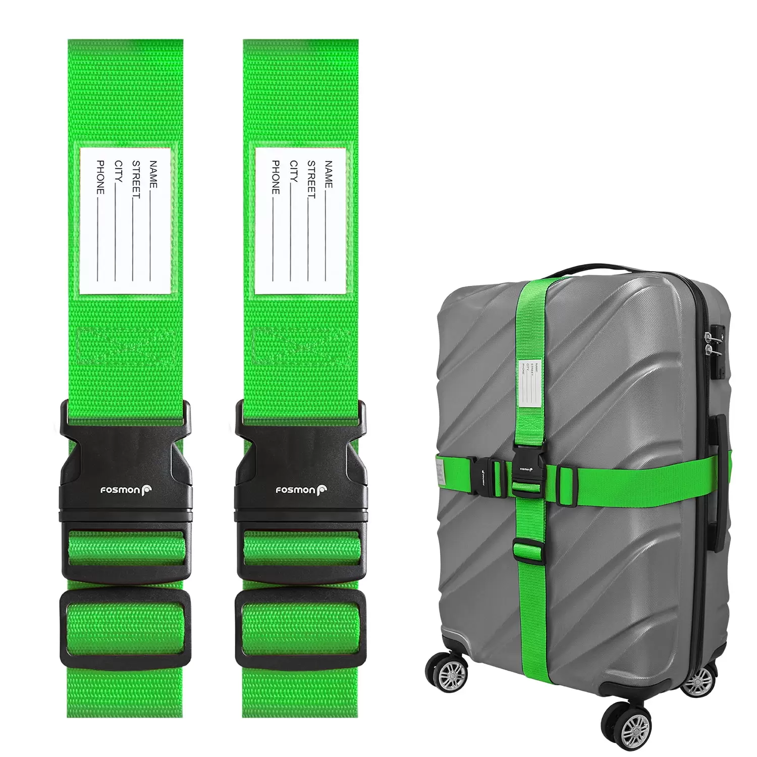 Fosmon Luggage Straps for Suitcases (2 Pack). Travel Belts with Adjustable Strap. Buckle and Identifiers. Luggage Connector Luggage Wrap. Essential Luggage Accessories for Travel Cruise (Green)