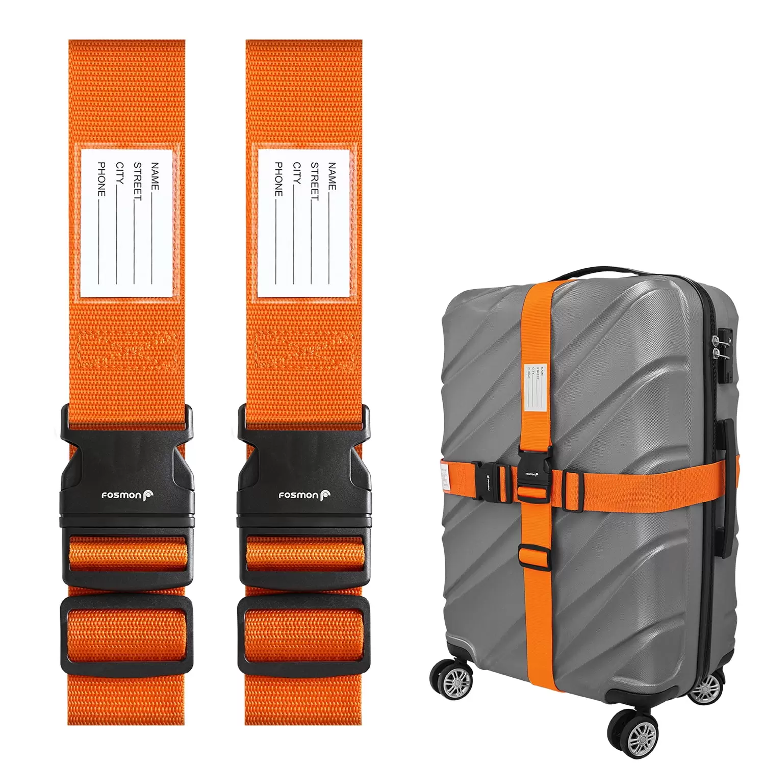 Fosmon Luggage Straps for Suitcases (2 Pack). Travel Belts with Adjustable Strap. Buckle and Identifiers. Luggage Connector Luggage Wrap. Essential Luggage Accessories for Travel Cruise (Orange)