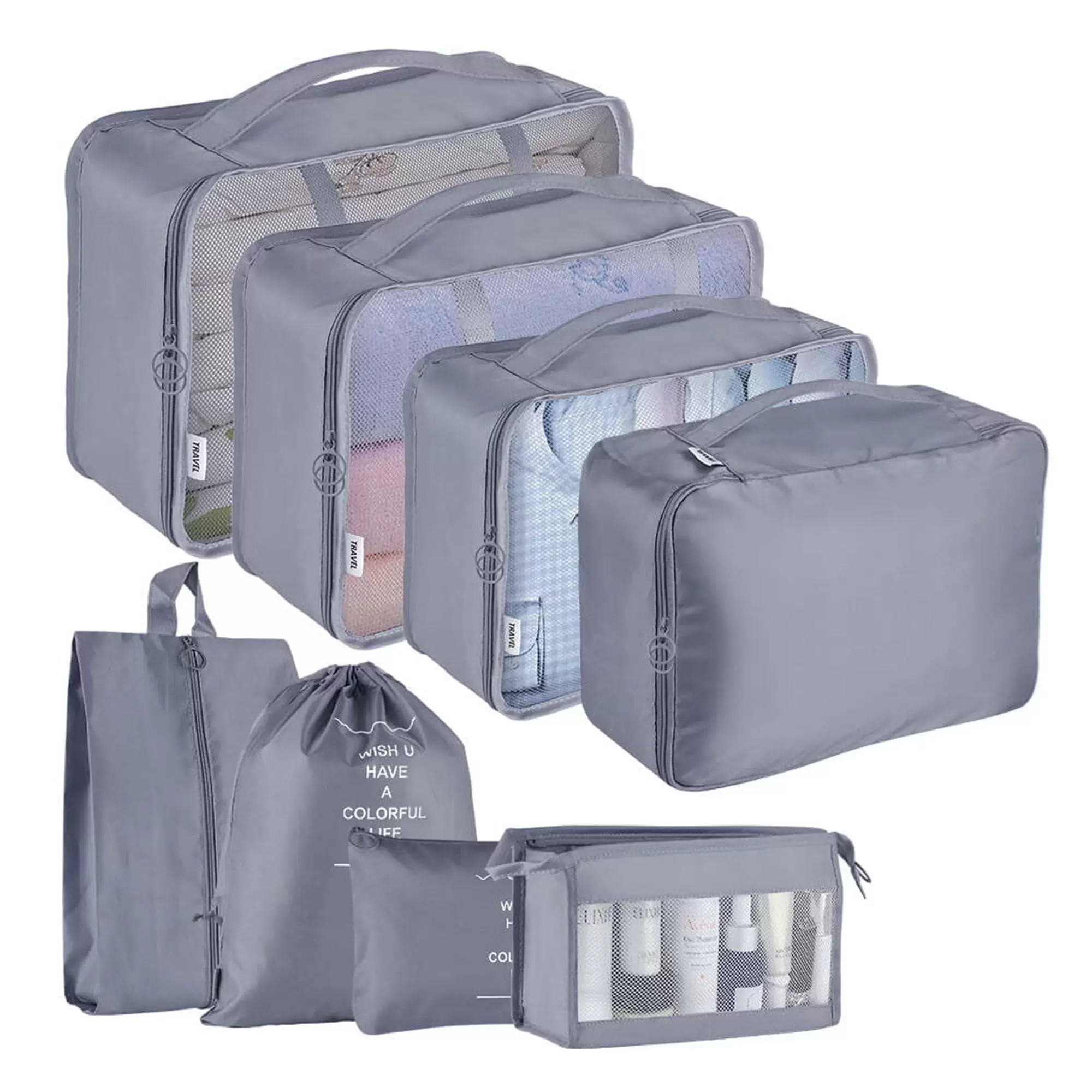 Fulier 8Pcs Packing Cubes for Travel Foldable Travel Cubes Lightweight Travel Bags Organizer for Luggage.Gray