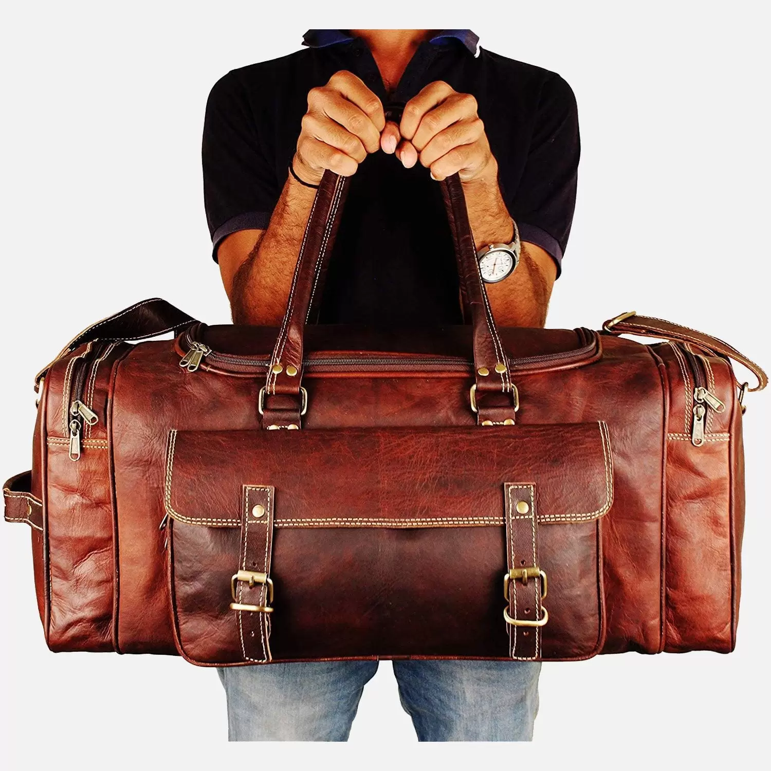 Full Grain Leather Travel Duffel Bag With Adjustable Straps | Large Compartment & Zippered Side Pockets Weekend Overnight Bag.