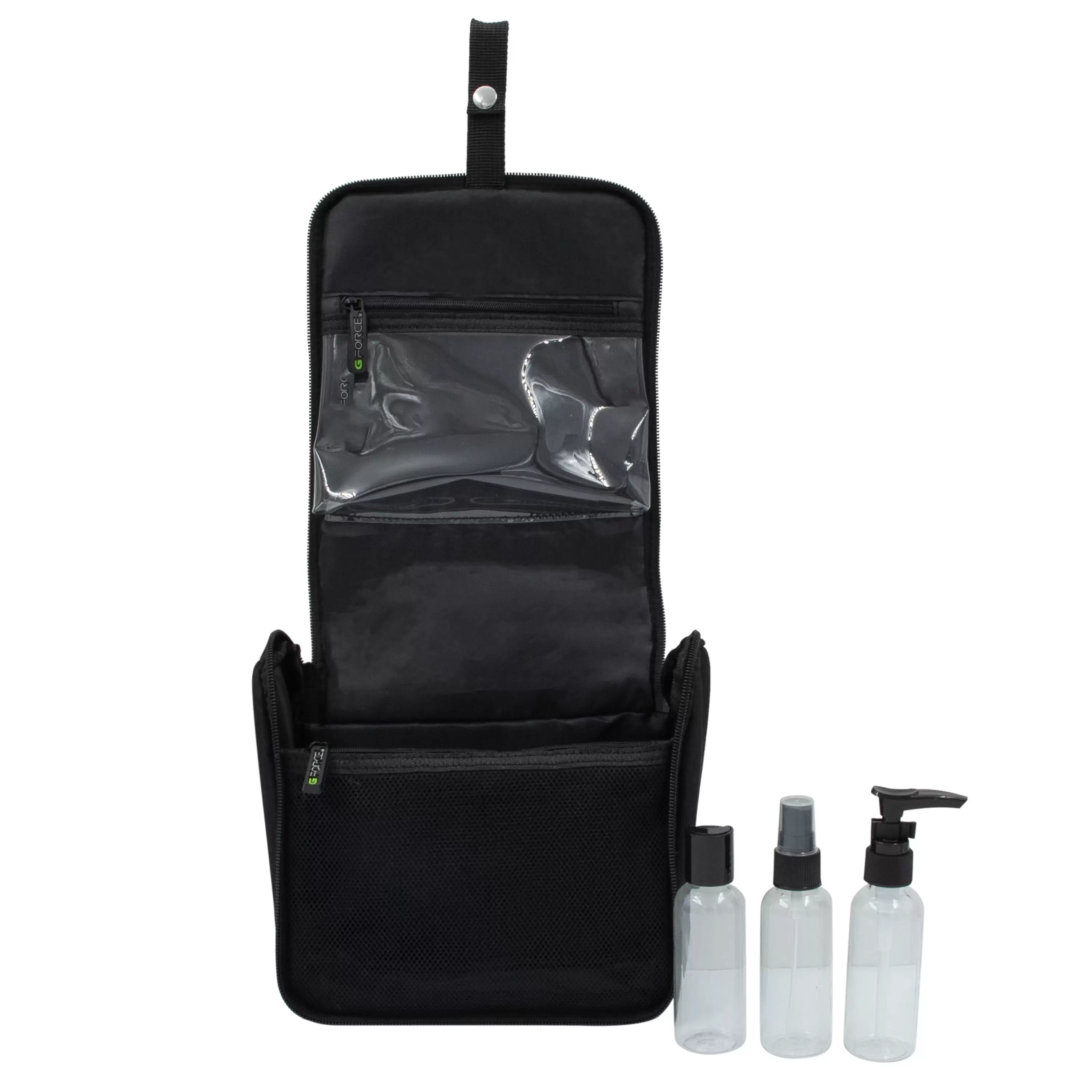 G-Force RPET Hanging Toiletry Bag Set with 3 Piece Clear Refillable Travel Bottles. Black