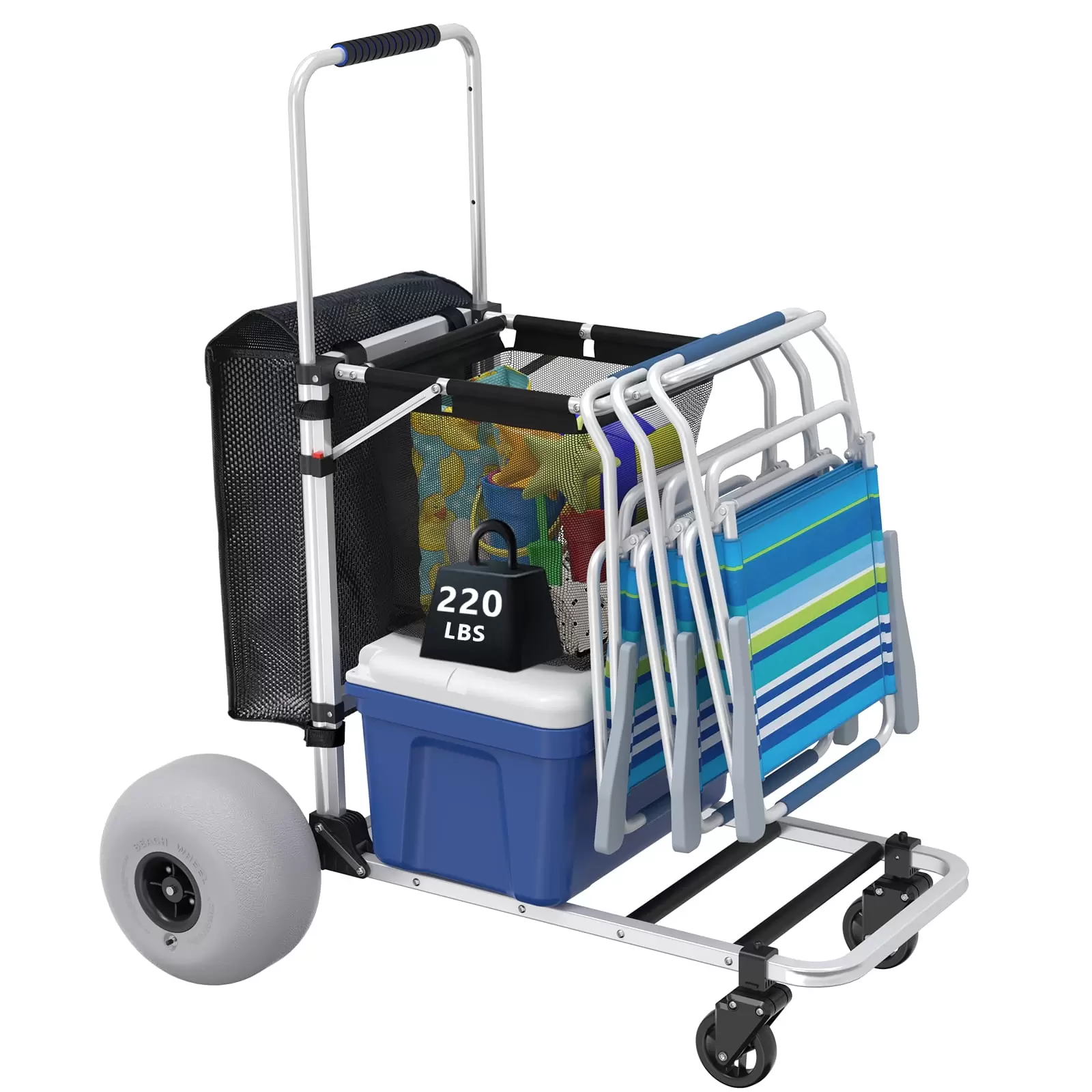 GDLF Foldable Beach Cart with Adjustable Handle and 12 Balloon Wheels. Heavy Duty Aluminum 220LBS Capacity