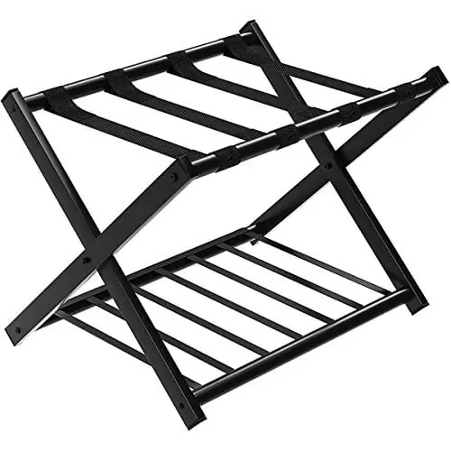 GOFLAME Folding Luggage Rack Metal Suitcase Luggage Stand for Home Bedroom Hotel with Shelf. Black