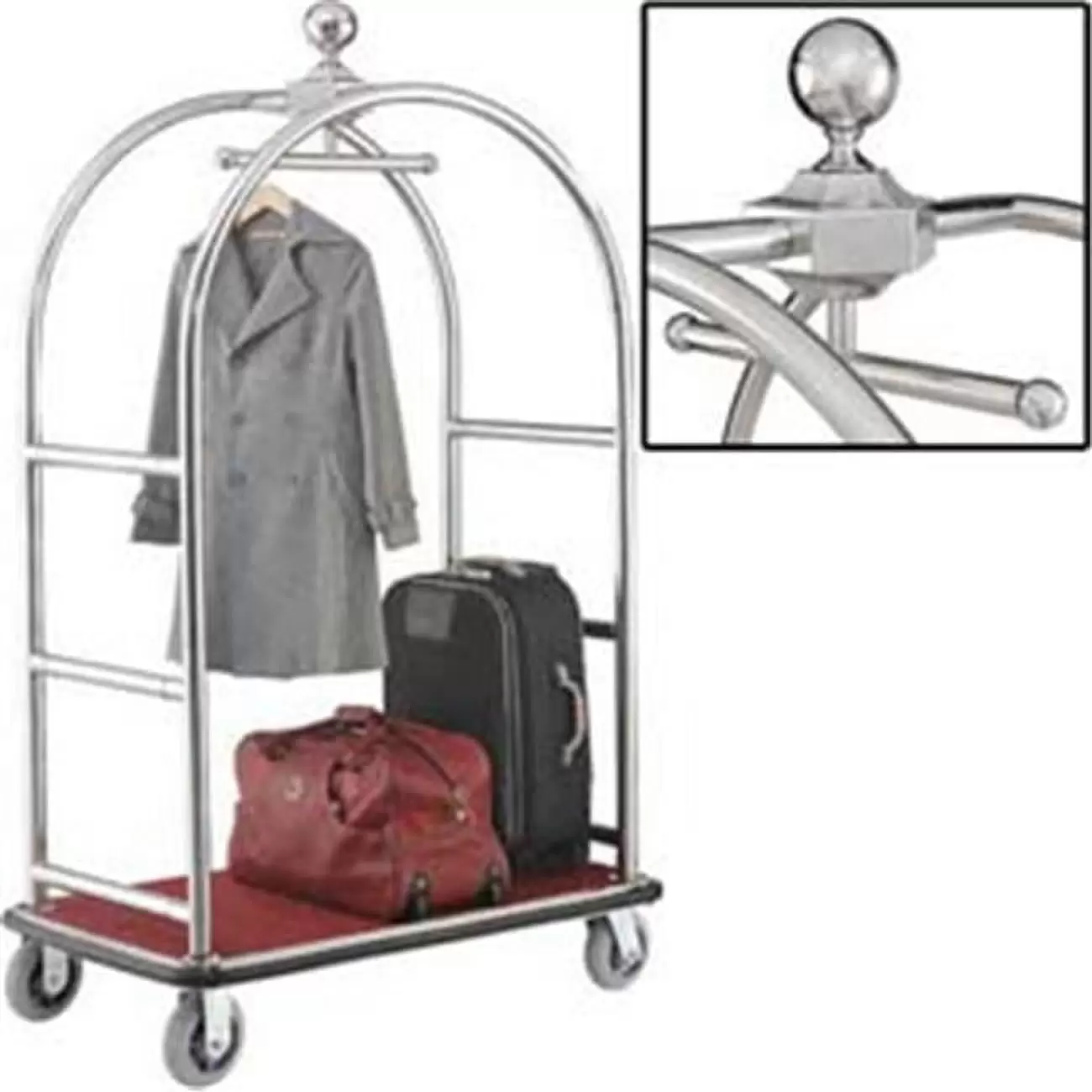 Global 985118SL Best Value Silver Stainless Steel Bellman Cart Curved Uprights 6 in. Rubber Casters