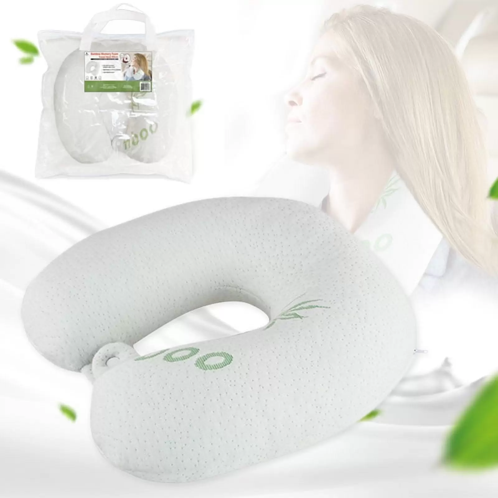 Grand Innovations -Bamboo Memory Foam Travel Neck Pillow Washable Adult 4.8Hx11.5Lx6.1W. 1.2lb White