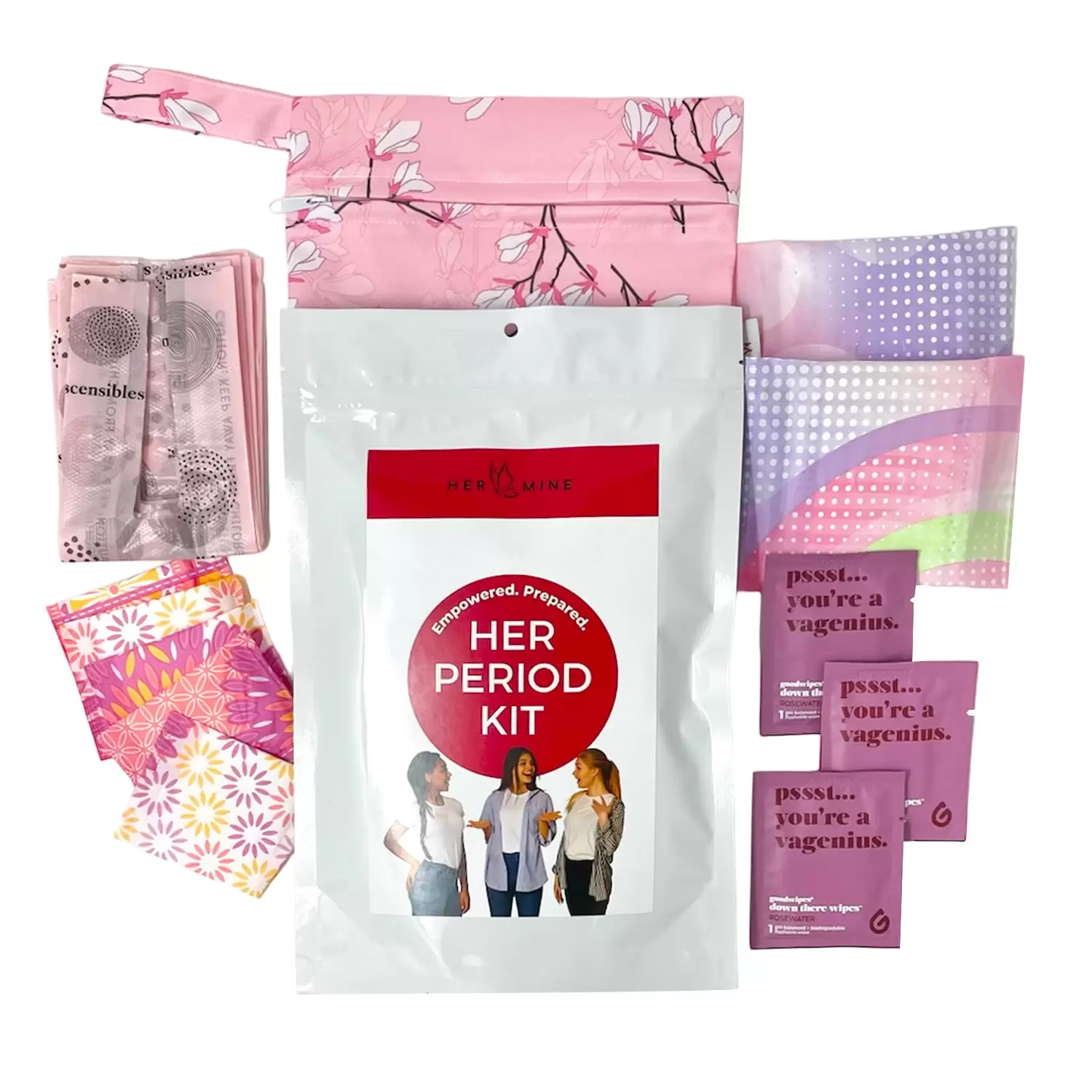 HER-MINE 16 Piece First Period Kit for Girls 10-12 Hygiene Kit with Period Pads. Mini Pads. Wipes. and Disposal Bags (Color Varies. 1-Pack)