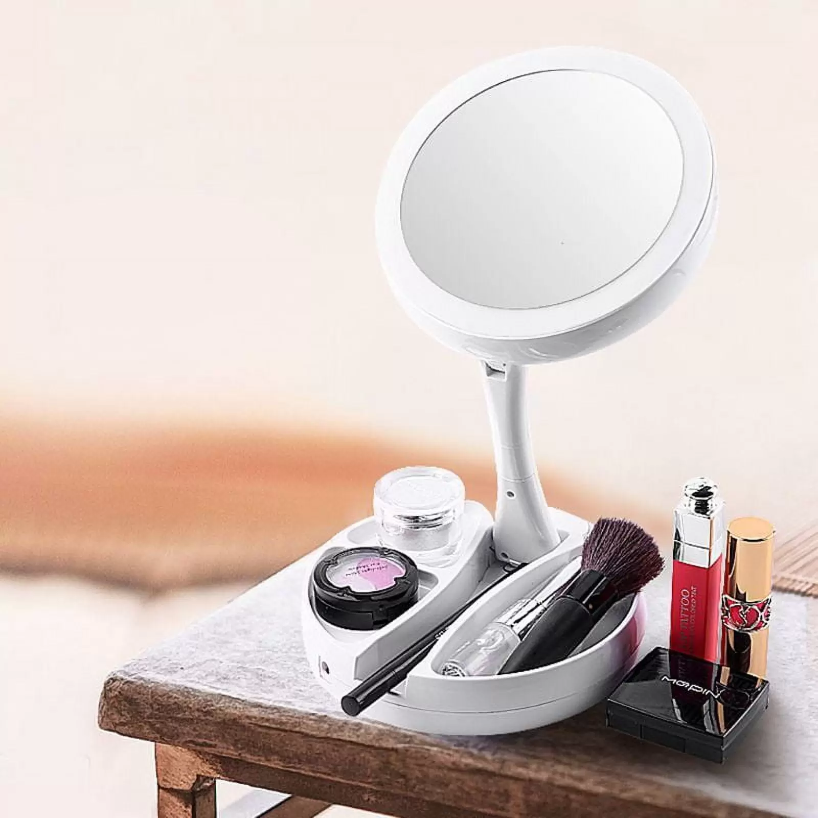 HFRENIVY LED Travel Makeup Mirror. Portable Folding 1x/10x Magnifying LED Light Up Double Side Makeup Mirror Tabletop Batteries or USB Charging